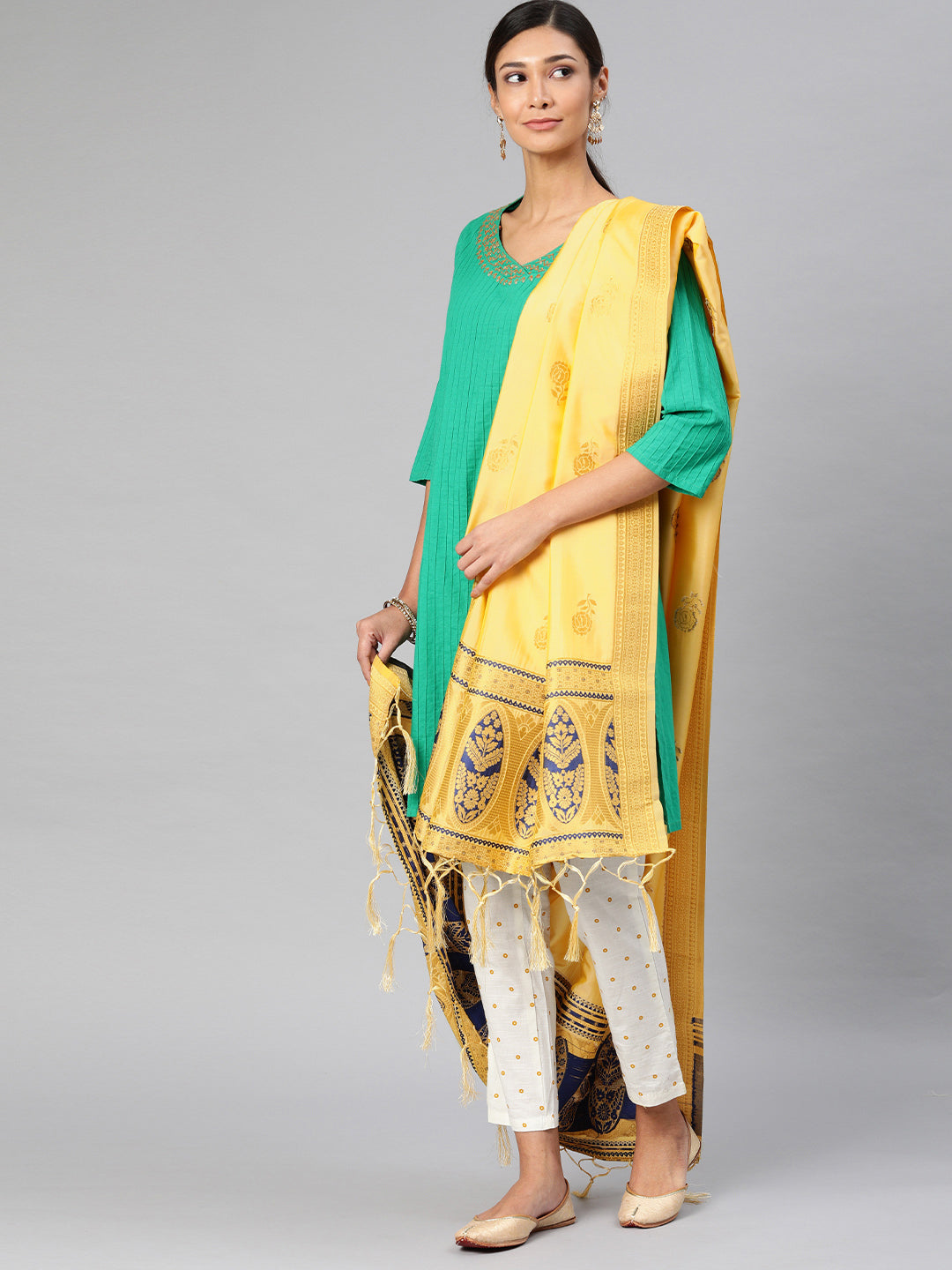 MIMOSA Yellow & Gold-Toned Woven Design Dupatta