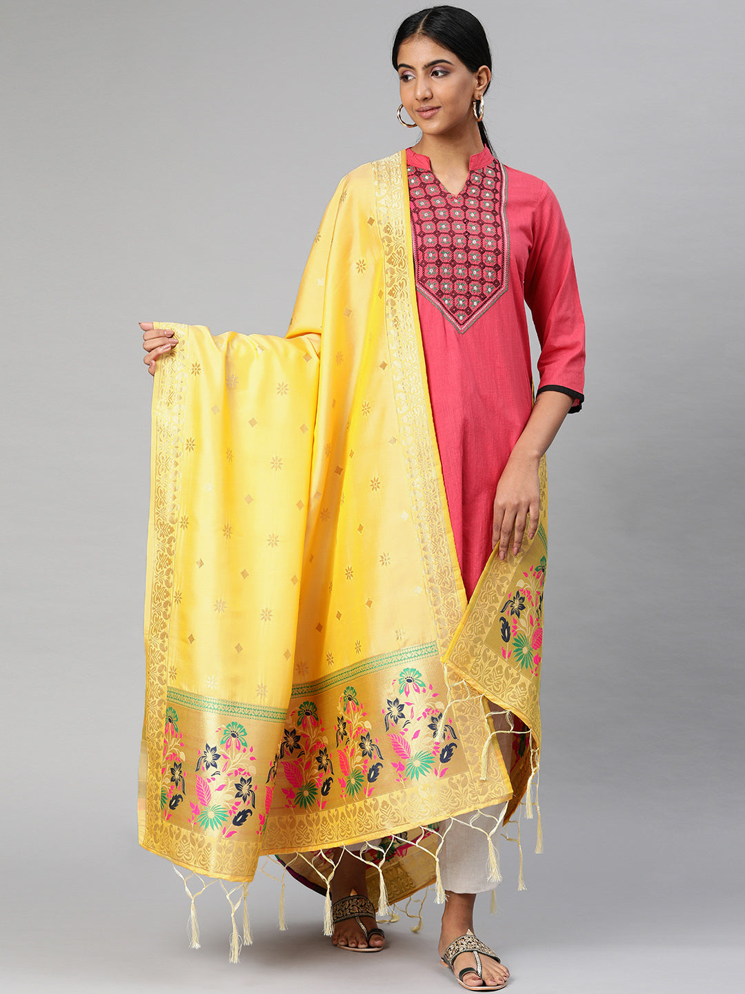MIMOSA Yellow & Gold-Toned Woven Design Dupatta