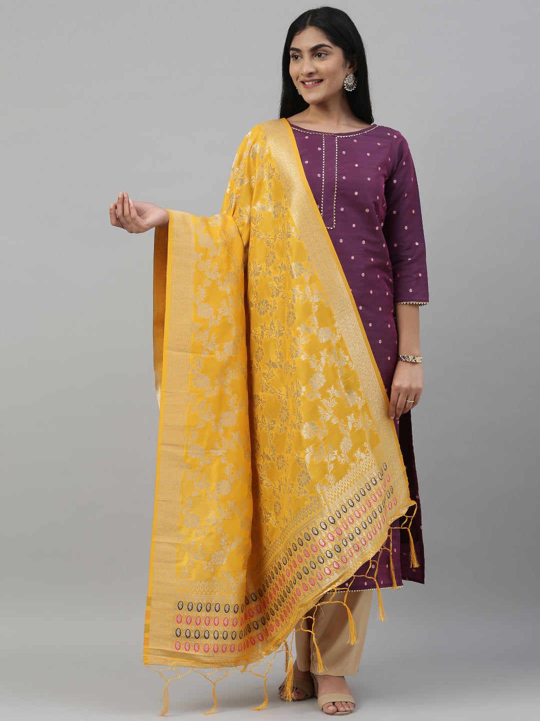 MIMOSA Yellow & Gold-Toned Woven Design Dupatta