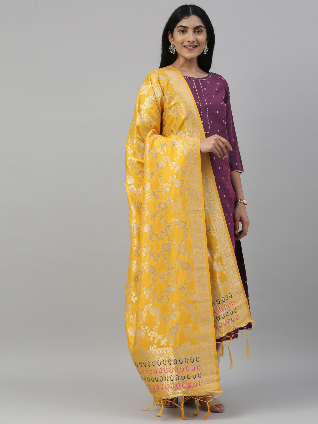 MIMOSA Yellow & Gold-Toned Woven Design Dupatta