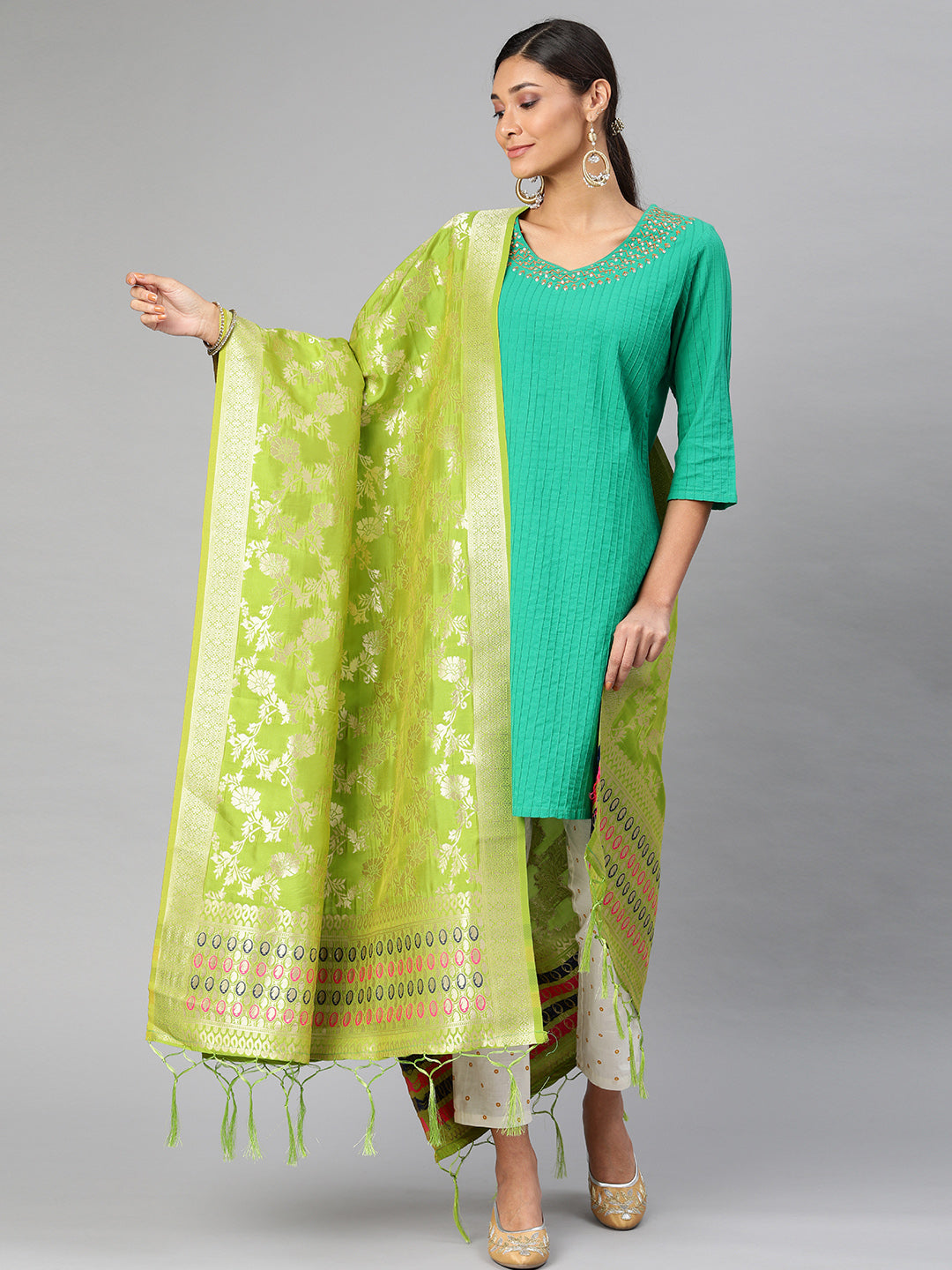 MIMOSA Lime Green & Gold-Toned Woven Design Dupatta