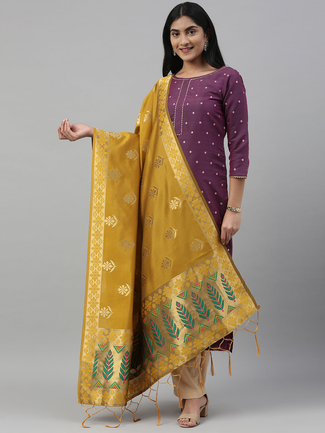 MIMOSA Yellow & Gold-Toned Woven Design Art Silk Dupatta