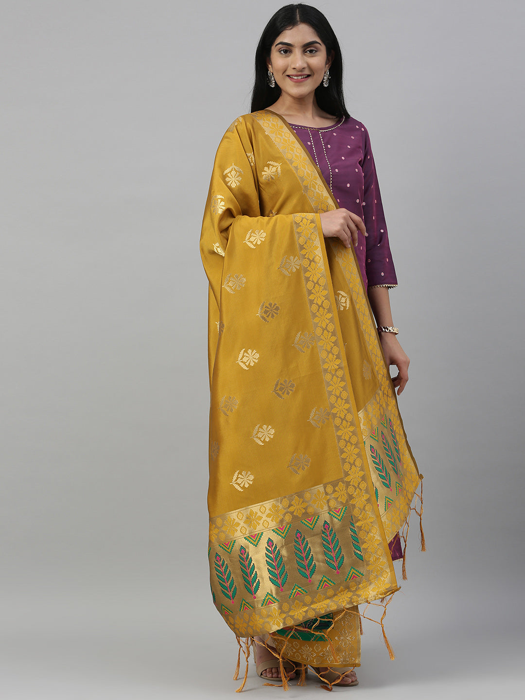 MIMOSA Yellow & Gold-Toned Woven Design Art Silk Dupatta