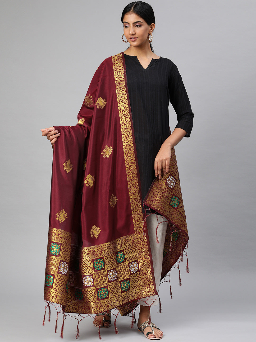 Mimosa Maroon & Gold-Toned Woven Design Dupatta