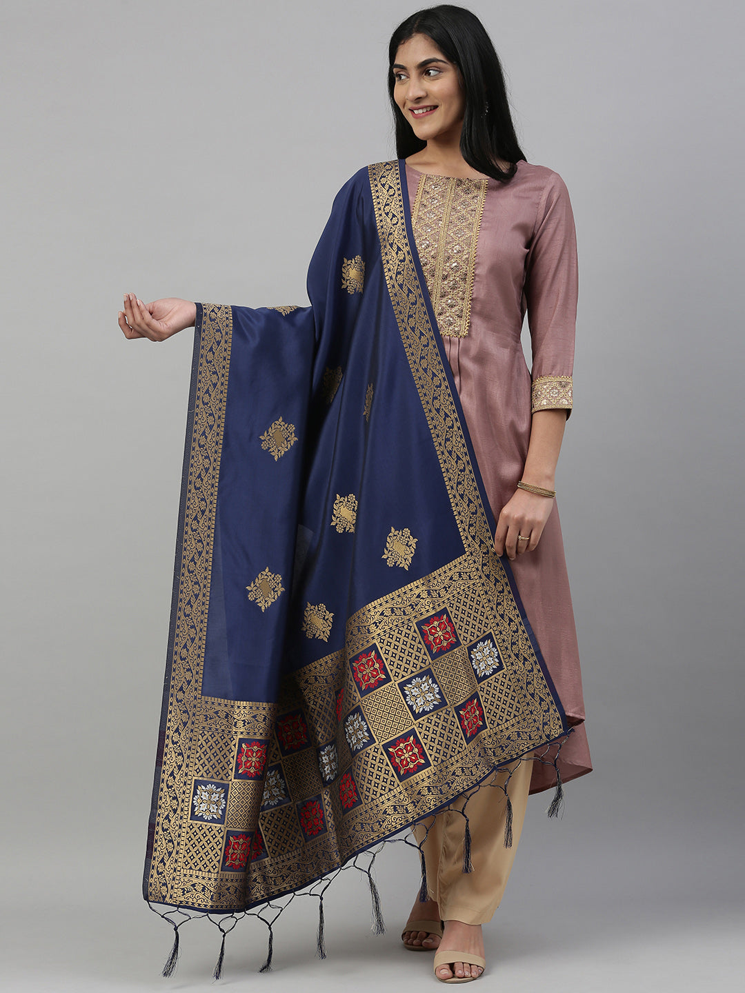 MIMOSA Navy Blue & Gold-Coloured Woven Design Dupatta