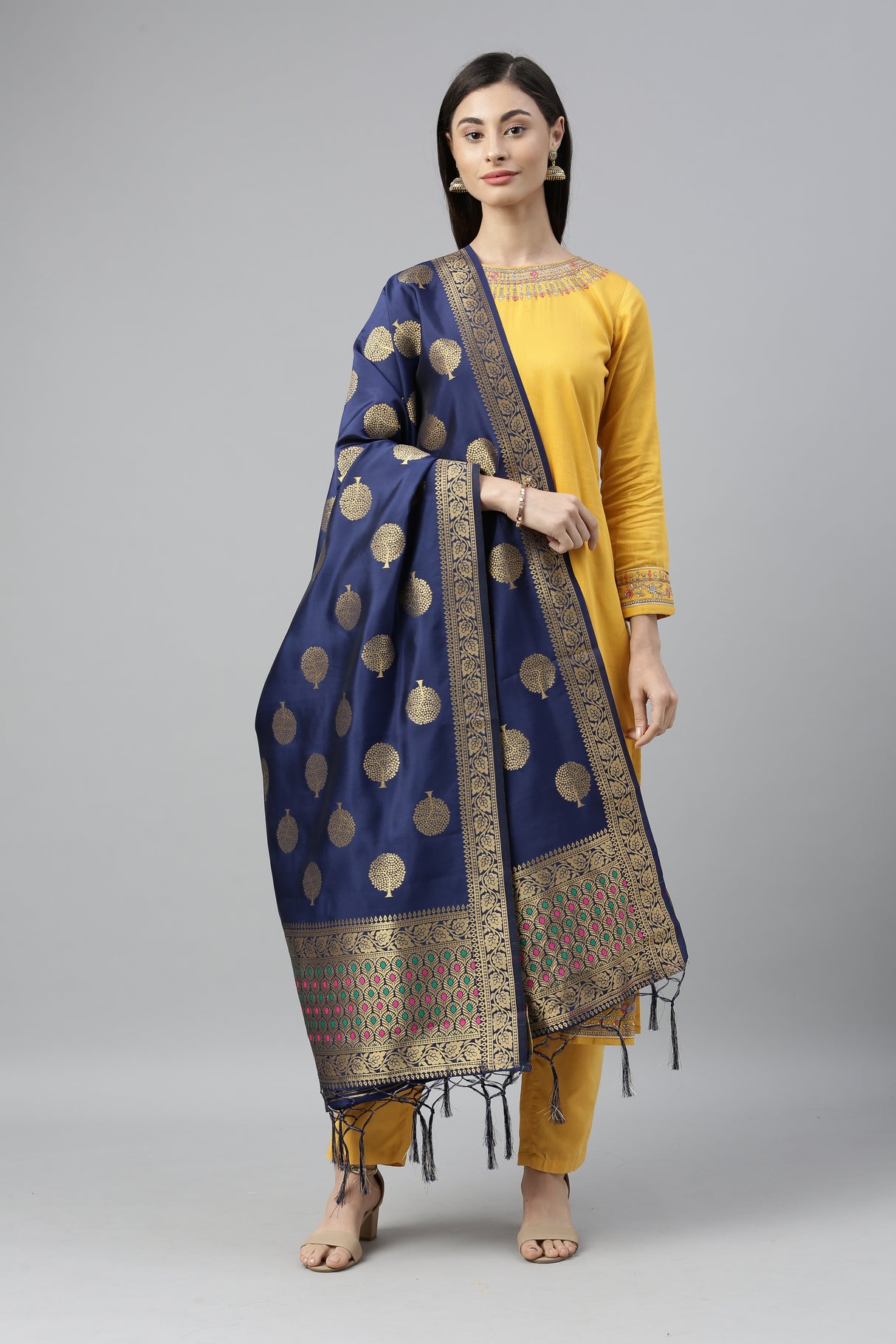 MIMOSA Navy Blue & Gold-Coloured Woven Design Dupatta