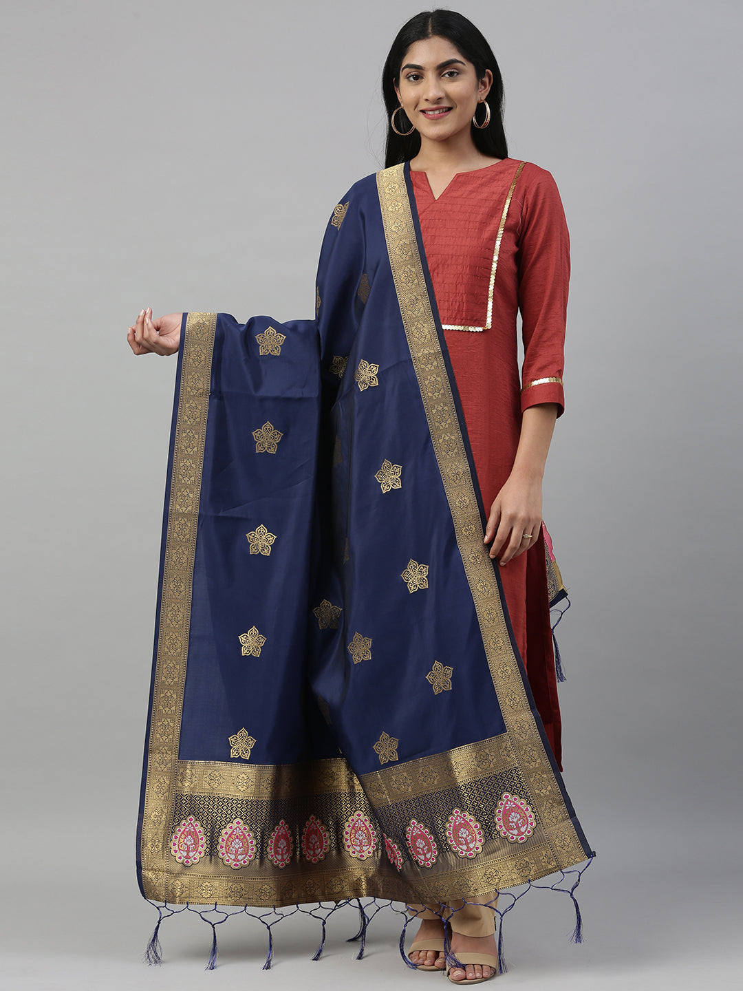 MIMOSA Navy Blue & Gold-Coloured Woven Design Dupatta