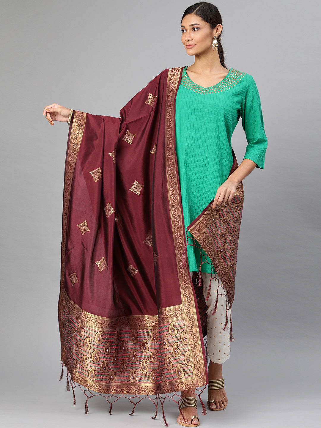 MIMOSA Maroon & Gold-Toned Woven Design Dupatta