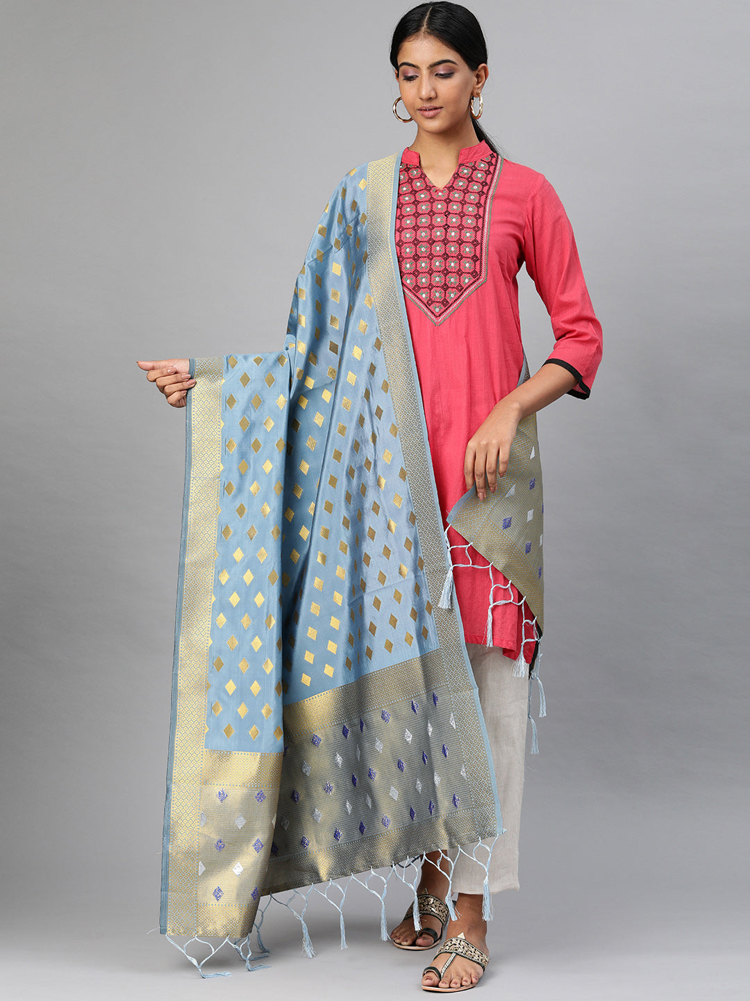 MIMOSA Grey & Gold-Toned Woven Design Dupatta