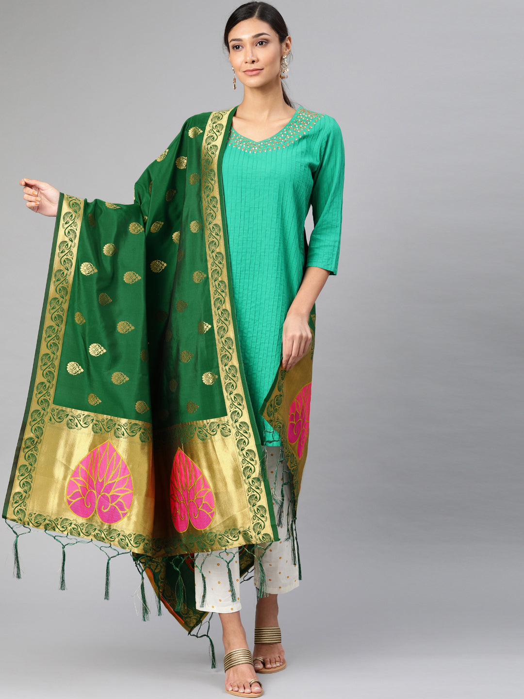 MIMOSA Green & Gold-Toned Woven Design Dupatta