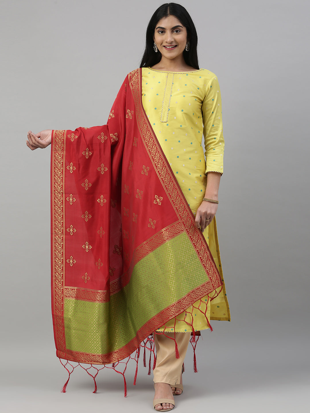 MIMOSA Maroon & Gold-Toned Woven Design Dupatta