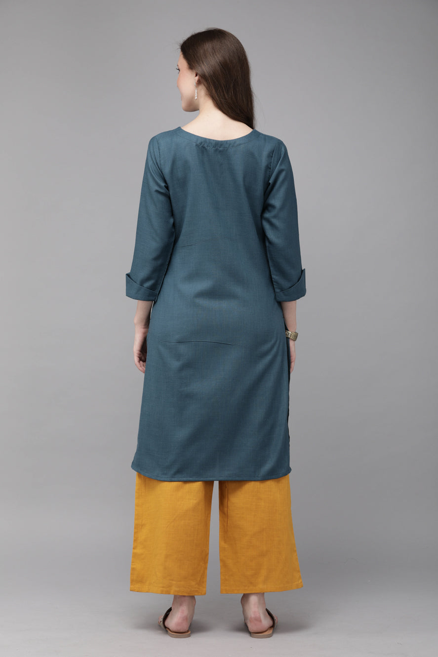 MIMOSA Cotton Navy Blue Colour Solid Straight Casual Kurta For Women