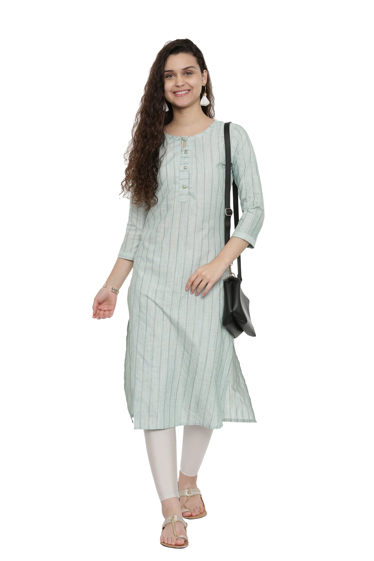 MIMOSA Cotton Green Colour Striped Straight Casual Kurta For Women
