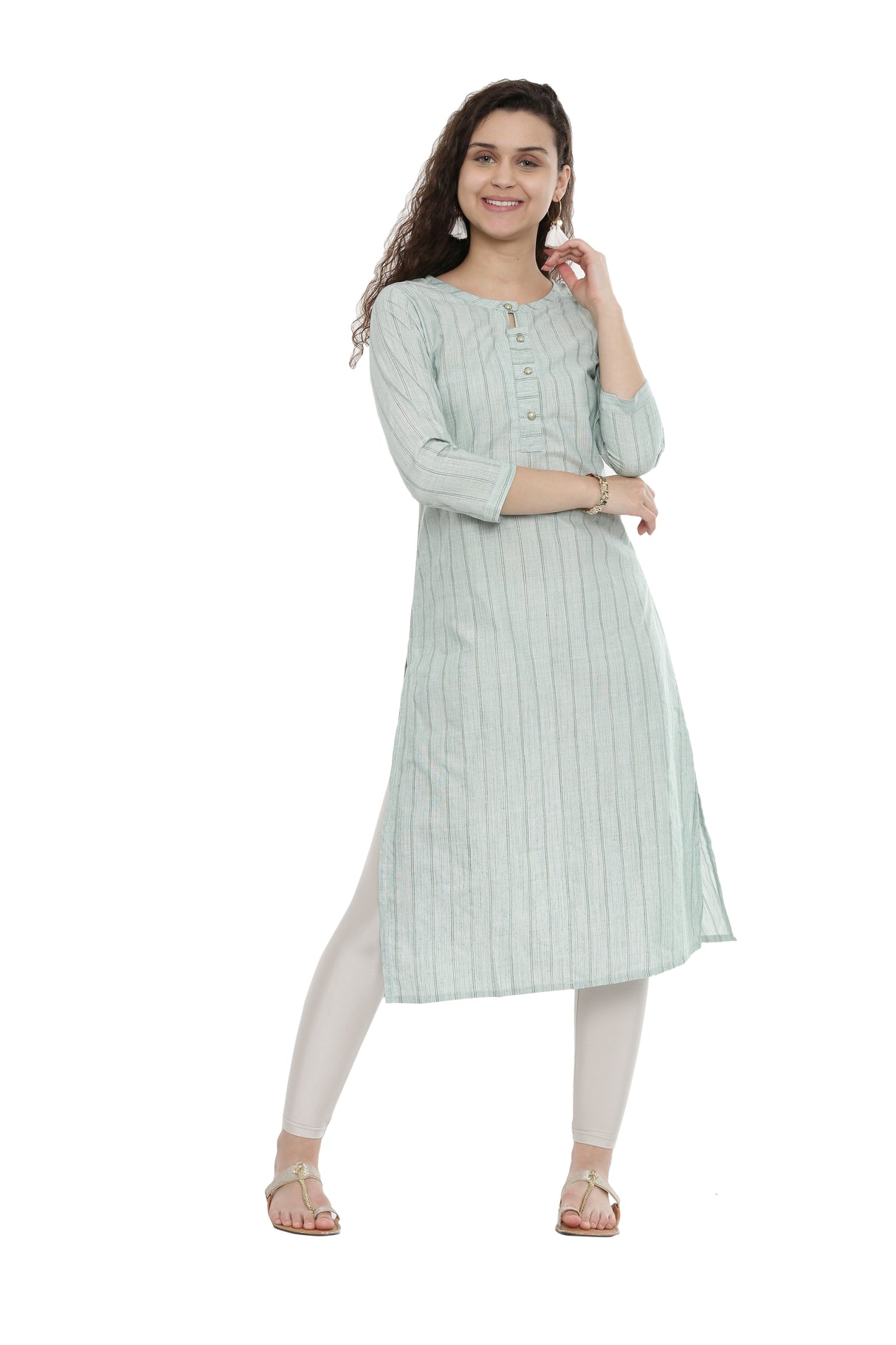 MIMOSA Cotton Green Colour Striped Straight Casual Kurta For Women