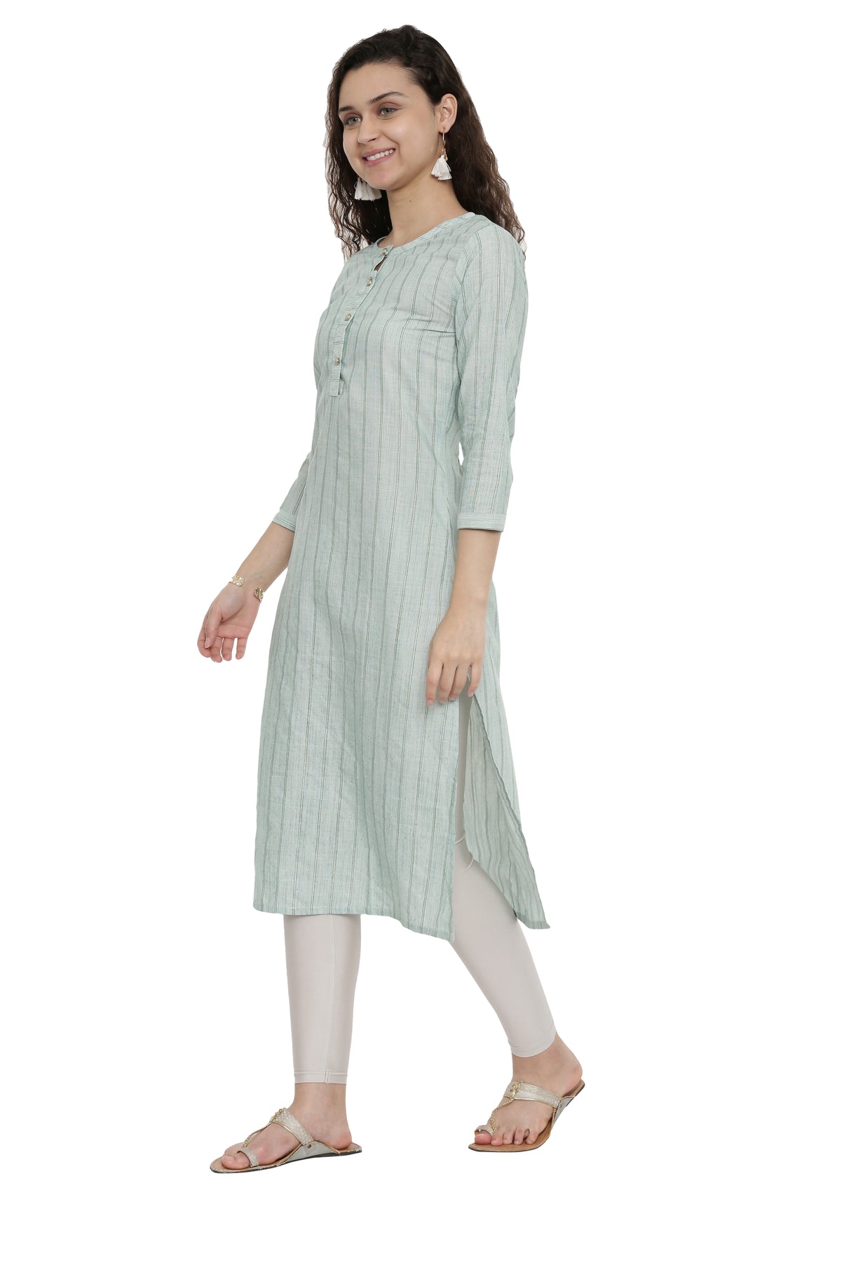 MIMOSA Cotton Green Colour Striped Straight Casual Kurta For Women