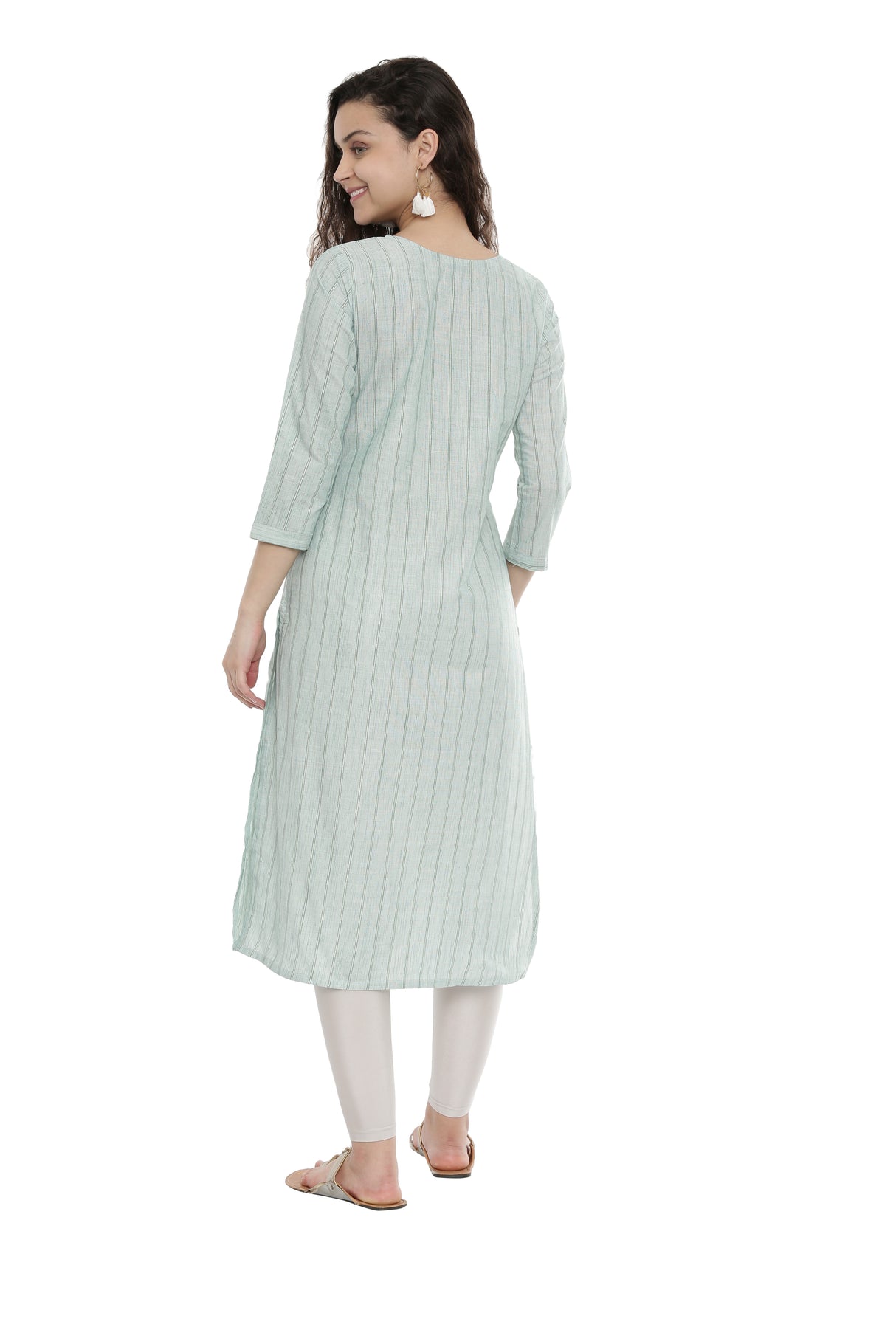 MIMOSA Cotton Green Colour Striped Straight Casual Kurta For Women