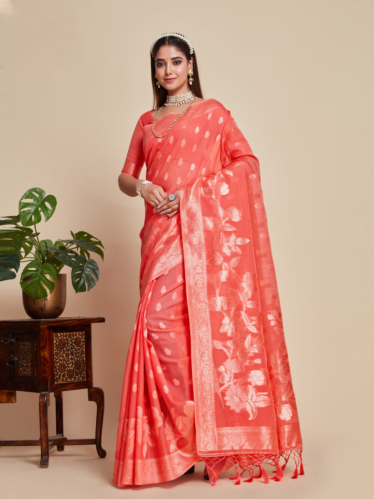 Mimosa Women's Woven Design Banarasi Style Poly Cotton Saree With Blouse Piece : SA00001079GJ