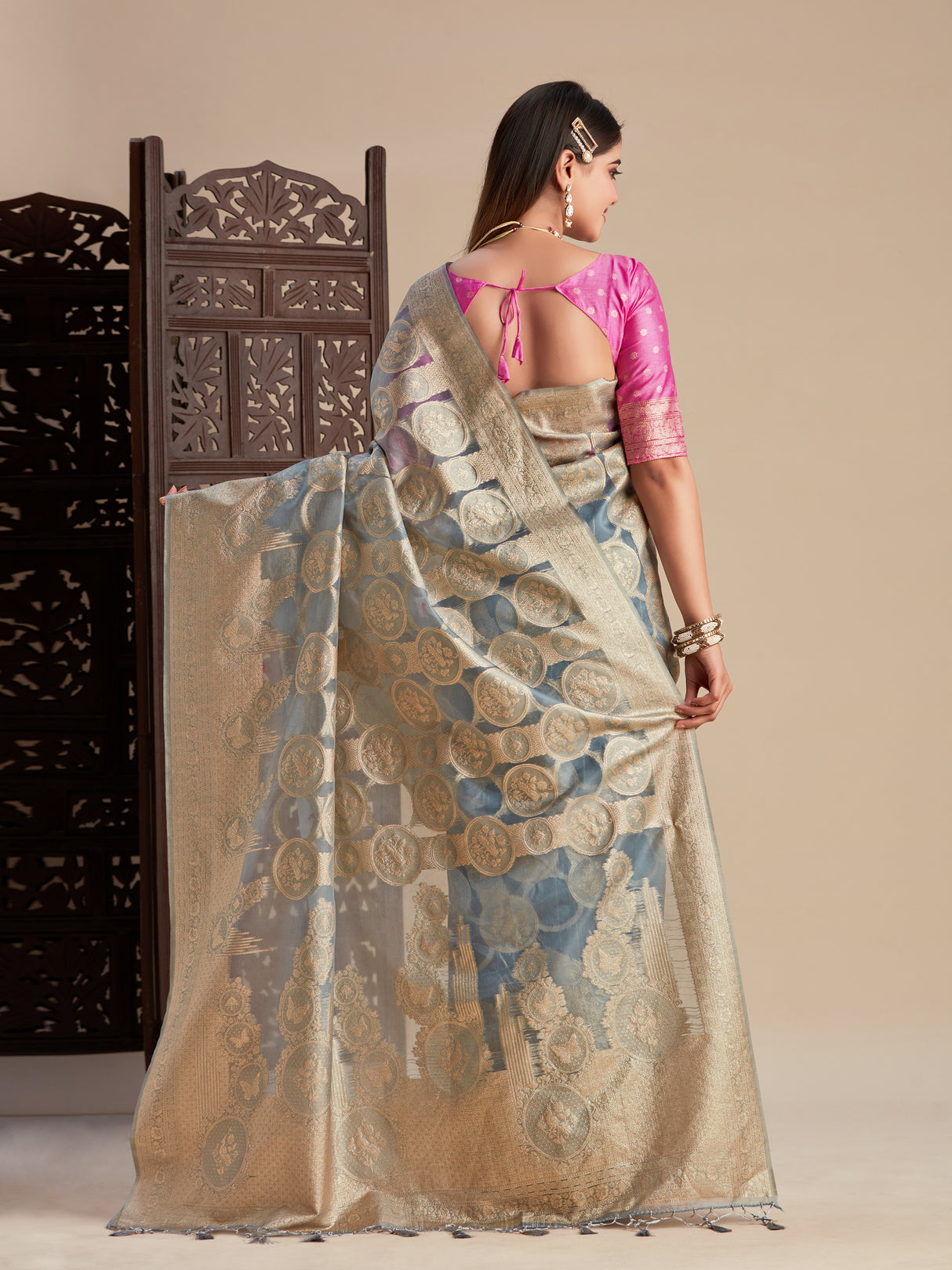 Mimosa Women's Woven Design Banarasi Organza Saree With Blouse Piece : SA00001160GY