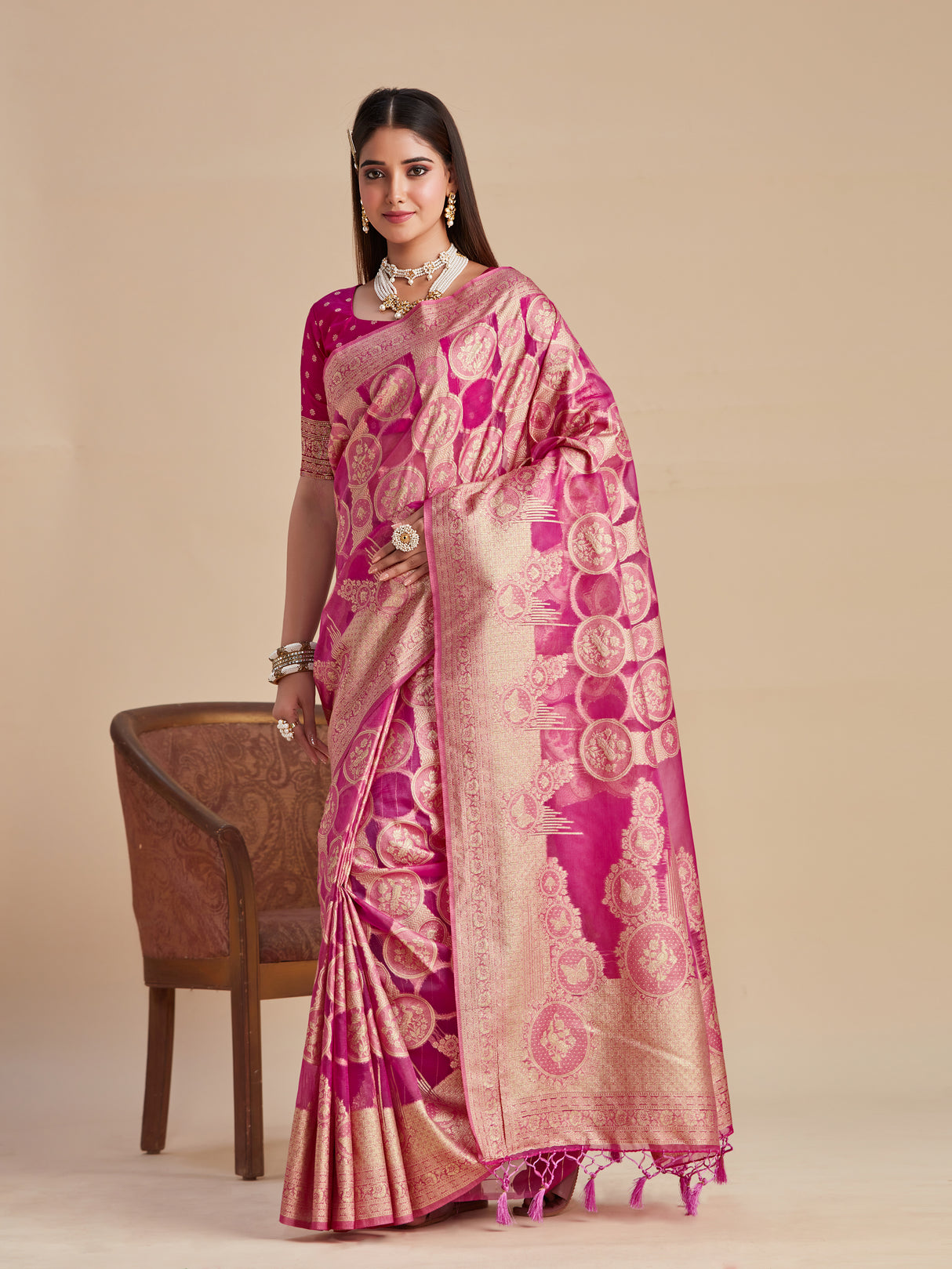 Mimosa Women's Woven Design Banarasi Organza Saree With Blouse Piece : SA00001160PNK
