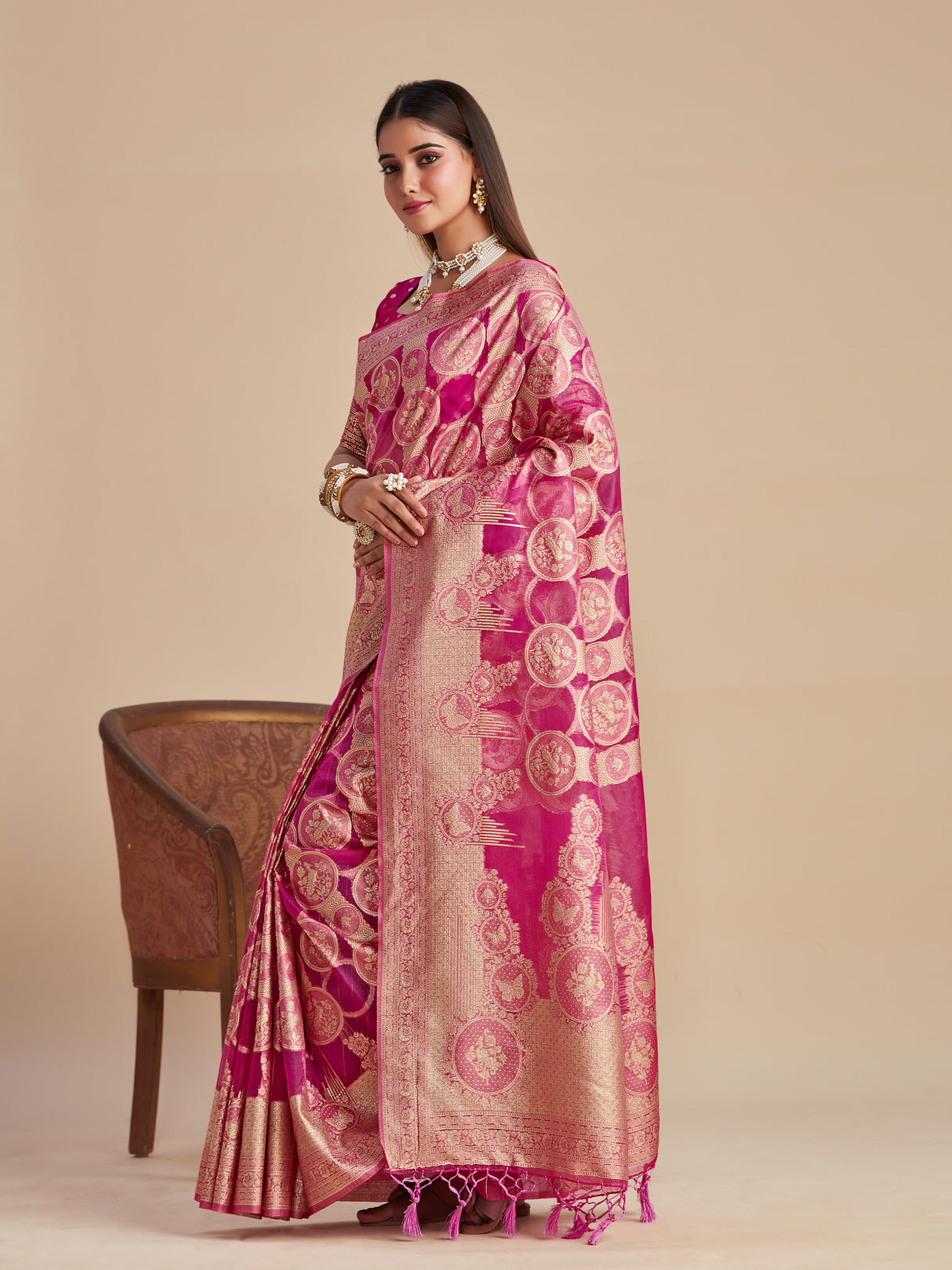 Mimosa Women's Woven Design Banarasi Organza Saree With Blouse Piece : SA00001160PNK