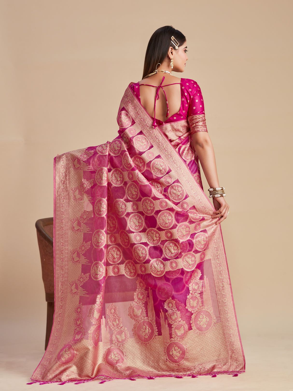 Mimosa Women's Woven Design Banarasi Organza Saree With Blouse Piece : SA00001160PNK