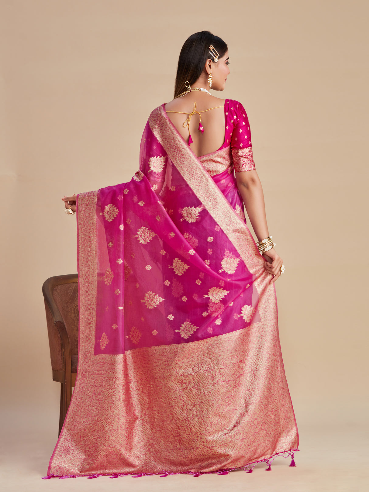 Mimosa Women's Woven Design Banarasi Organza Saree With Blouse Piece : SA00001161PNK