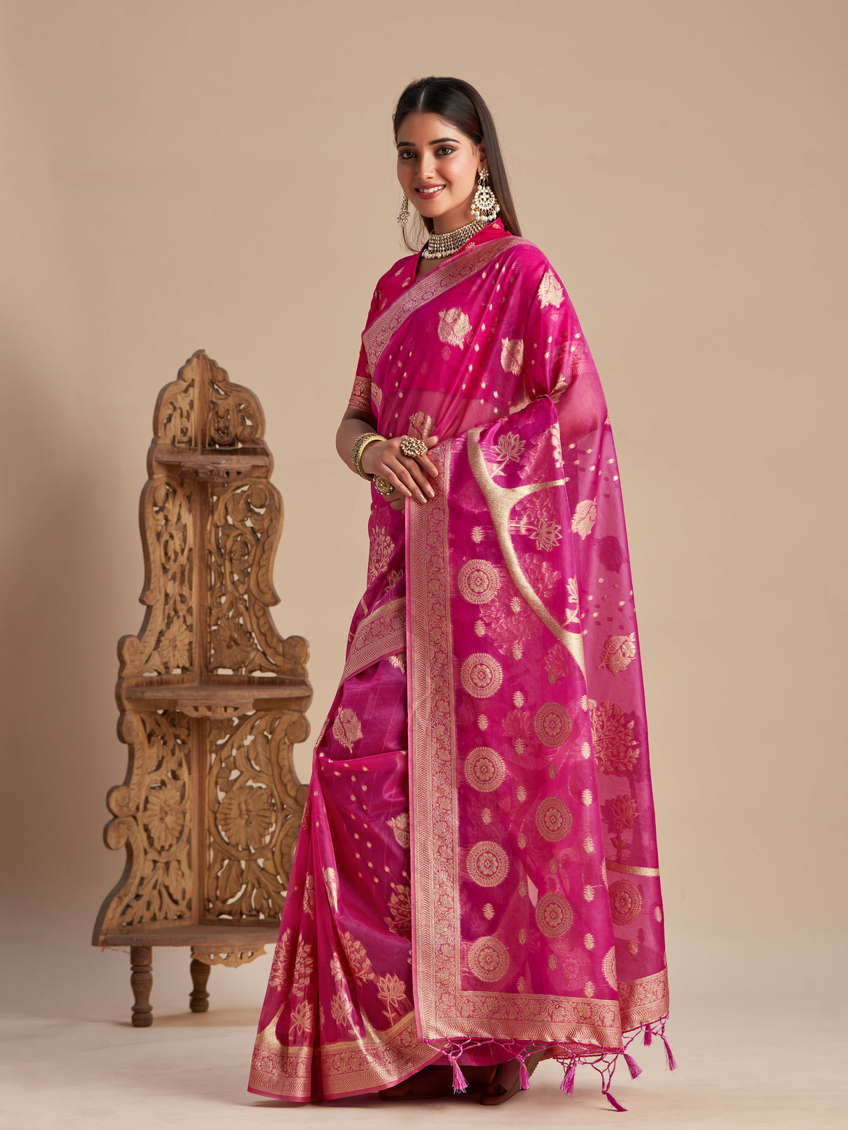 Mimosa Women's Woven Design Banarasi Organza Saree With Blouse Piece : SA00001162PNK