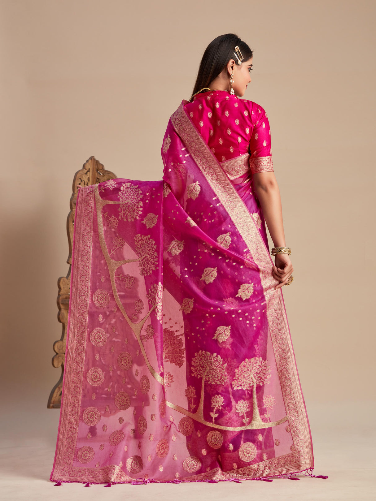 Mimosa Women's Woven Design Banarasi Organza Saree With Blouse Piece : SA00001162PNK