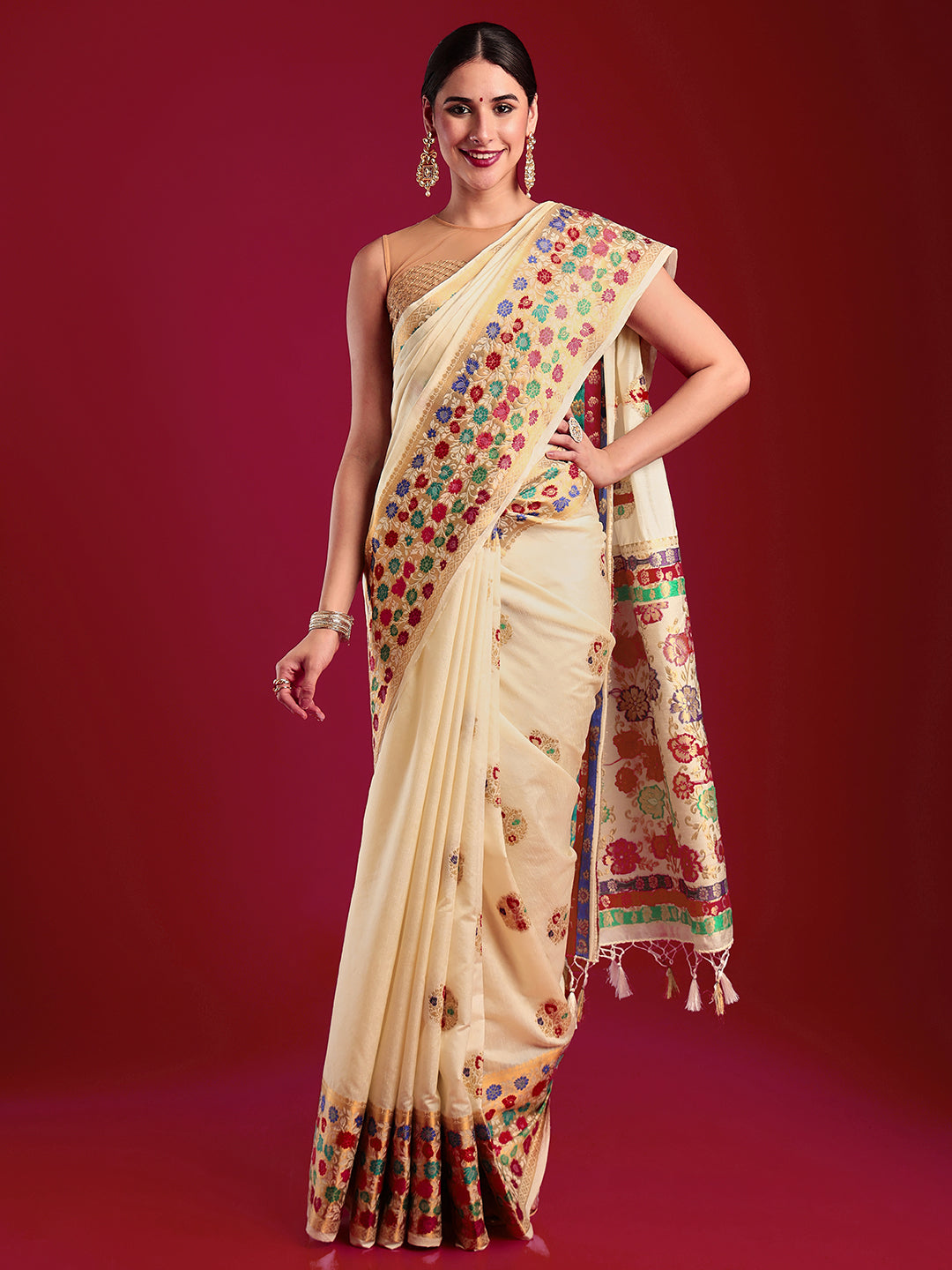 Mimosa Women's Woven Design Kanjivaram Art Silk Saree With Blouse Piece : SA00001190CRFREE