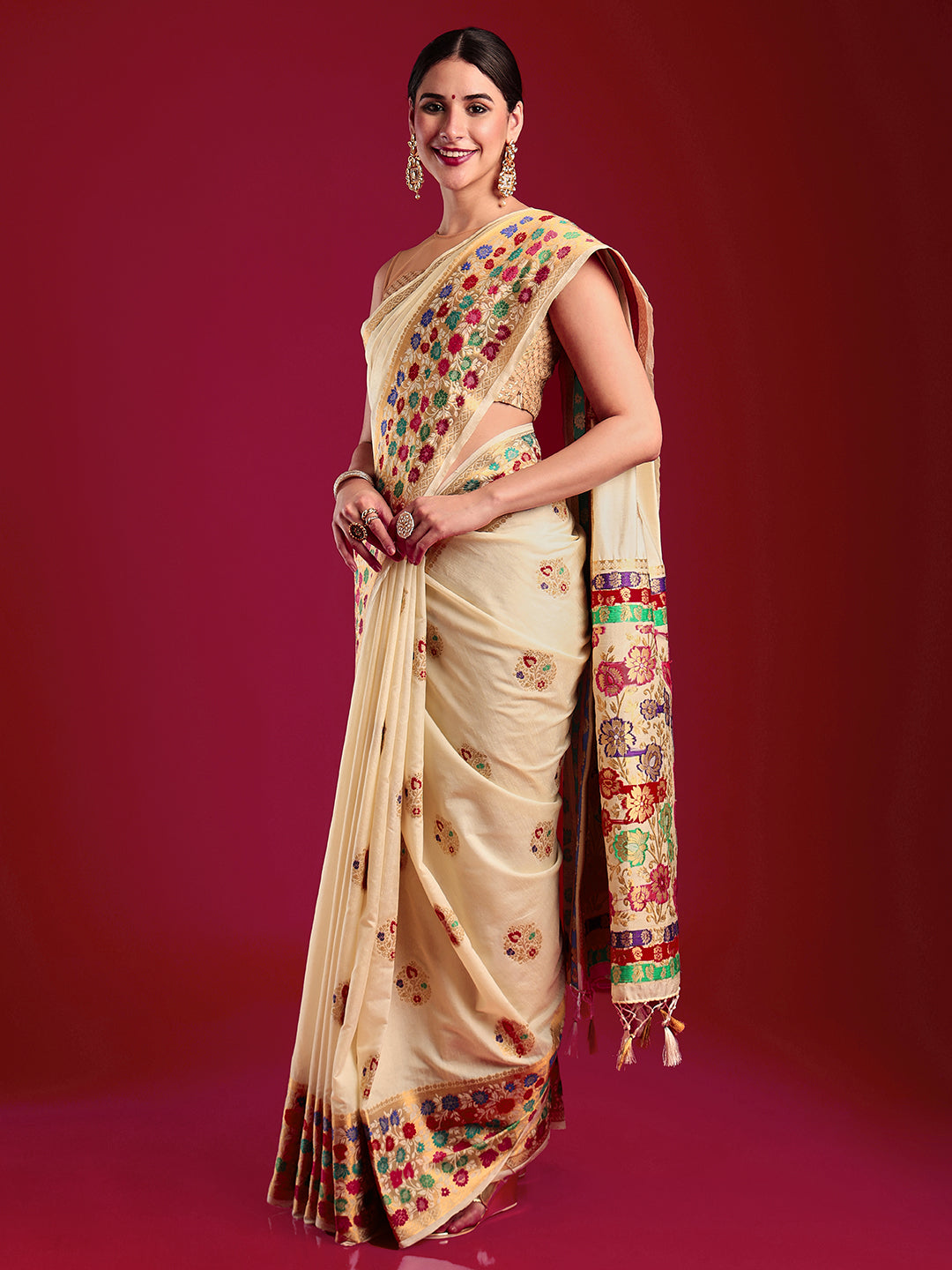 Mimosa Women's Woven Design Kanjivaram Art Silk Saree With Blouse Piece : SA00001190CRFREE