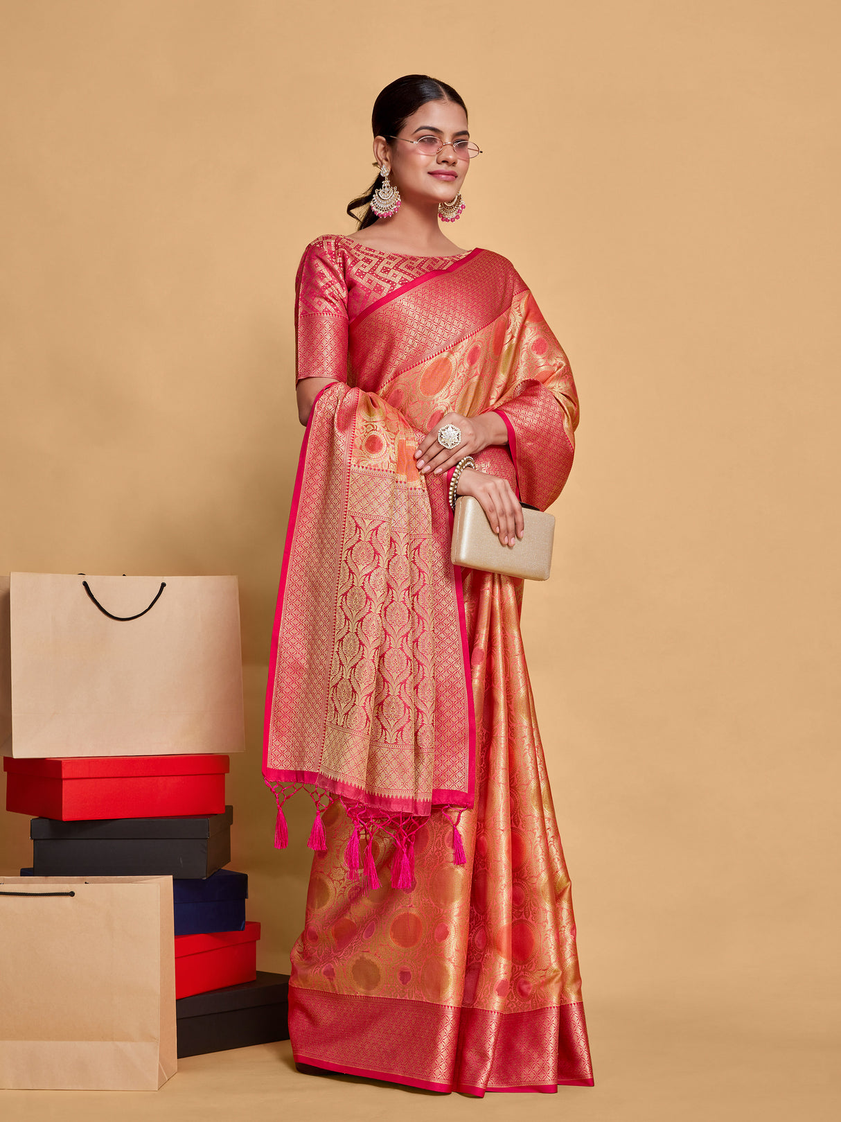 Mimosa Women's Woven Design Banarasi Art Silk Saree With Blouse Piece : SA00001211PNKFREE