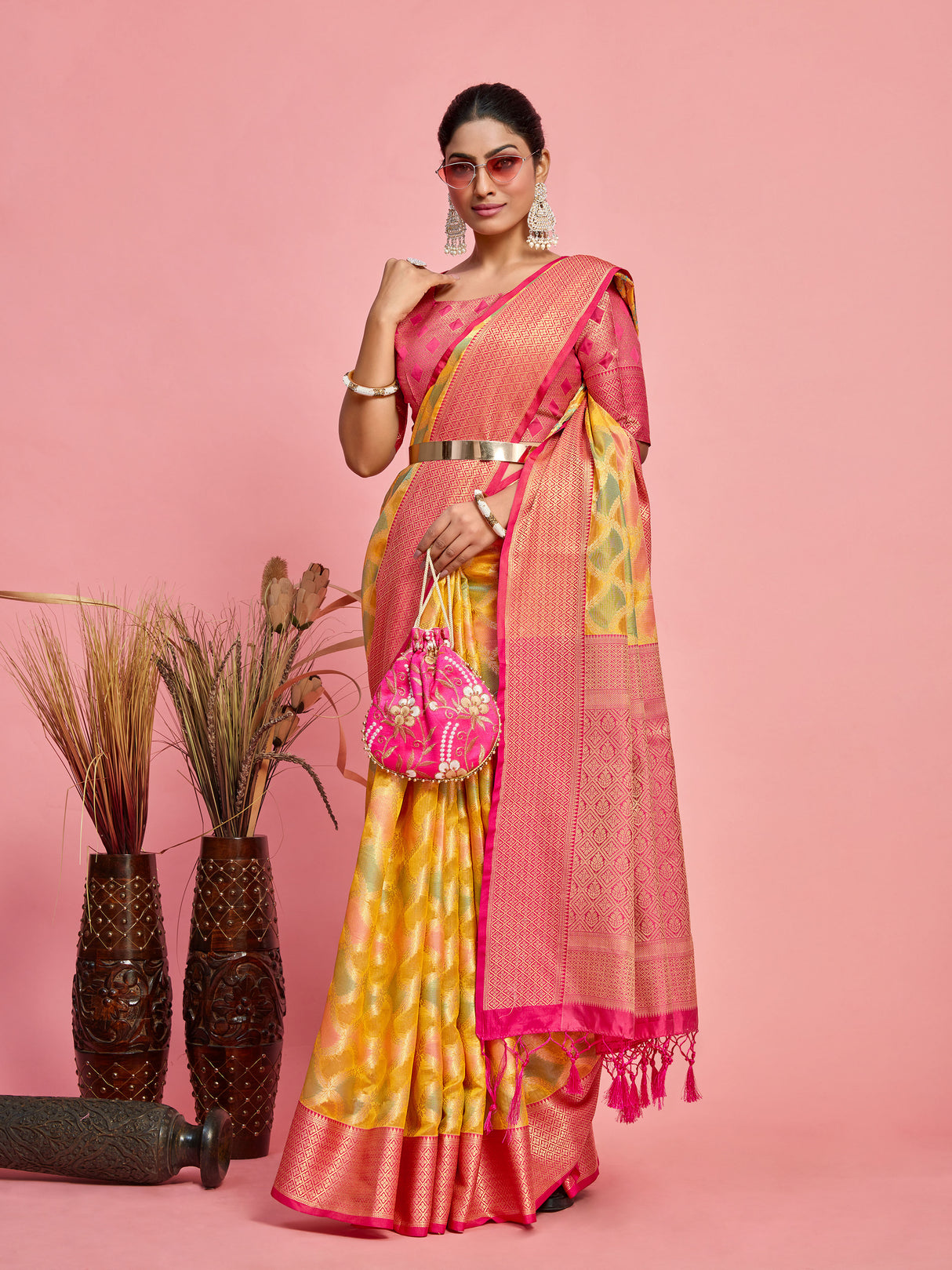 Mimosa Women's Woven Design Banarasi Art Silk Saree With Blouse Piece : SA00001212GDFREE