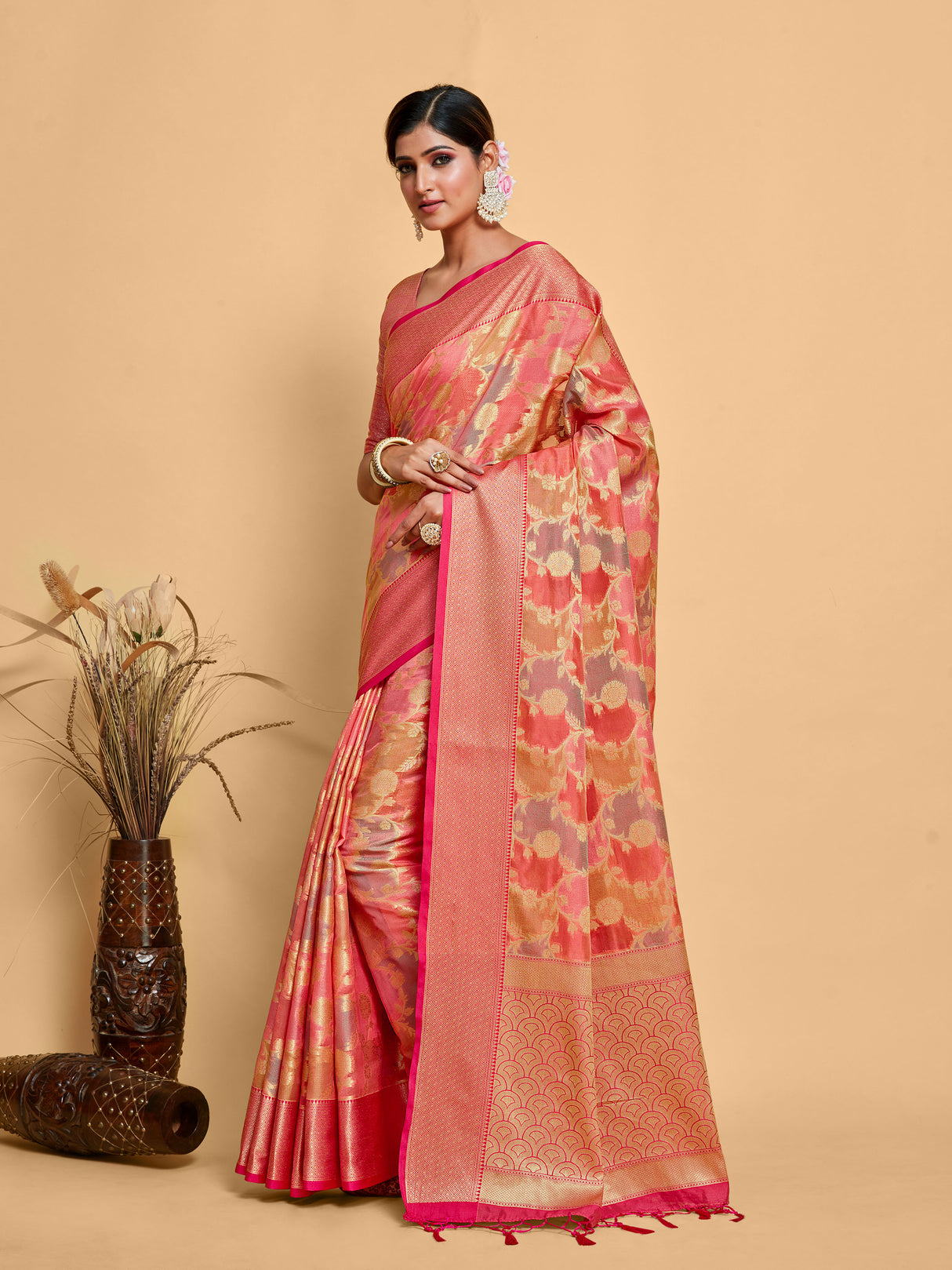 Mimosa Women's Woven Design Banarasi Art Silk Saree With Blouse Piece : SA00001214PNKFREE
