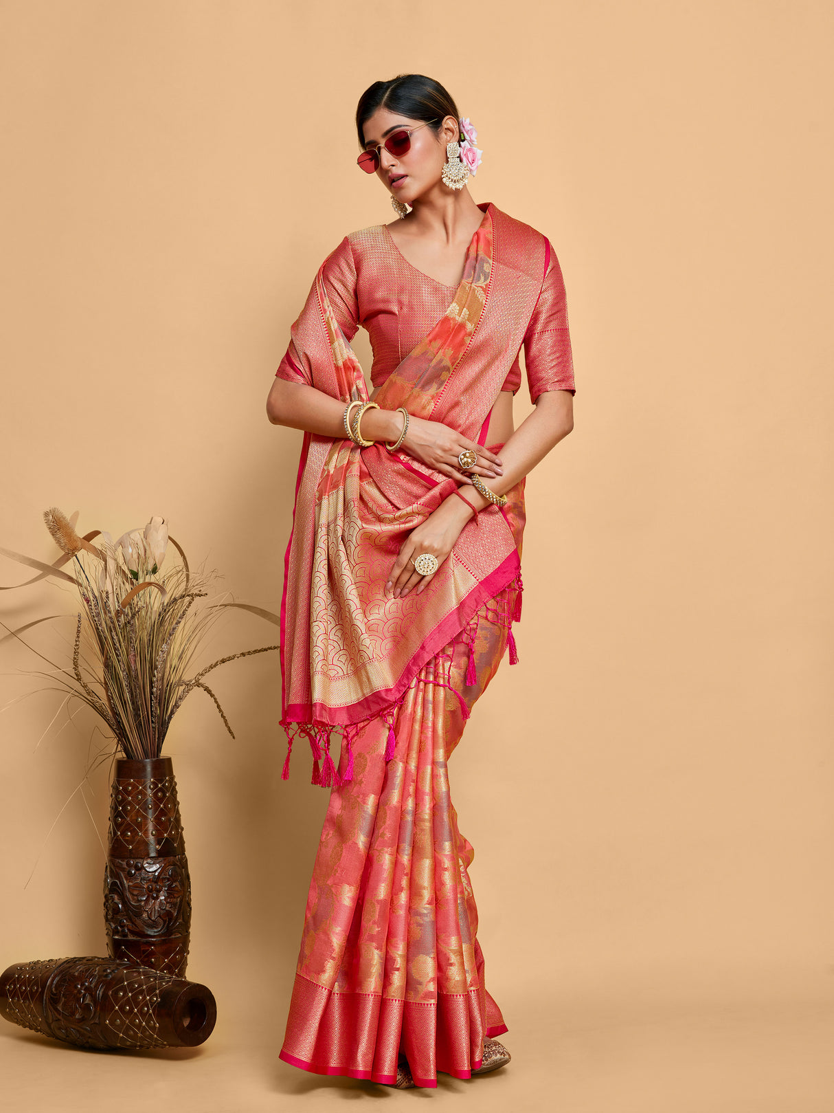 Mimosa Women's Woven Design Banarasi Art Silk Saree With Blouse Piece : SA00001214PNKFREE