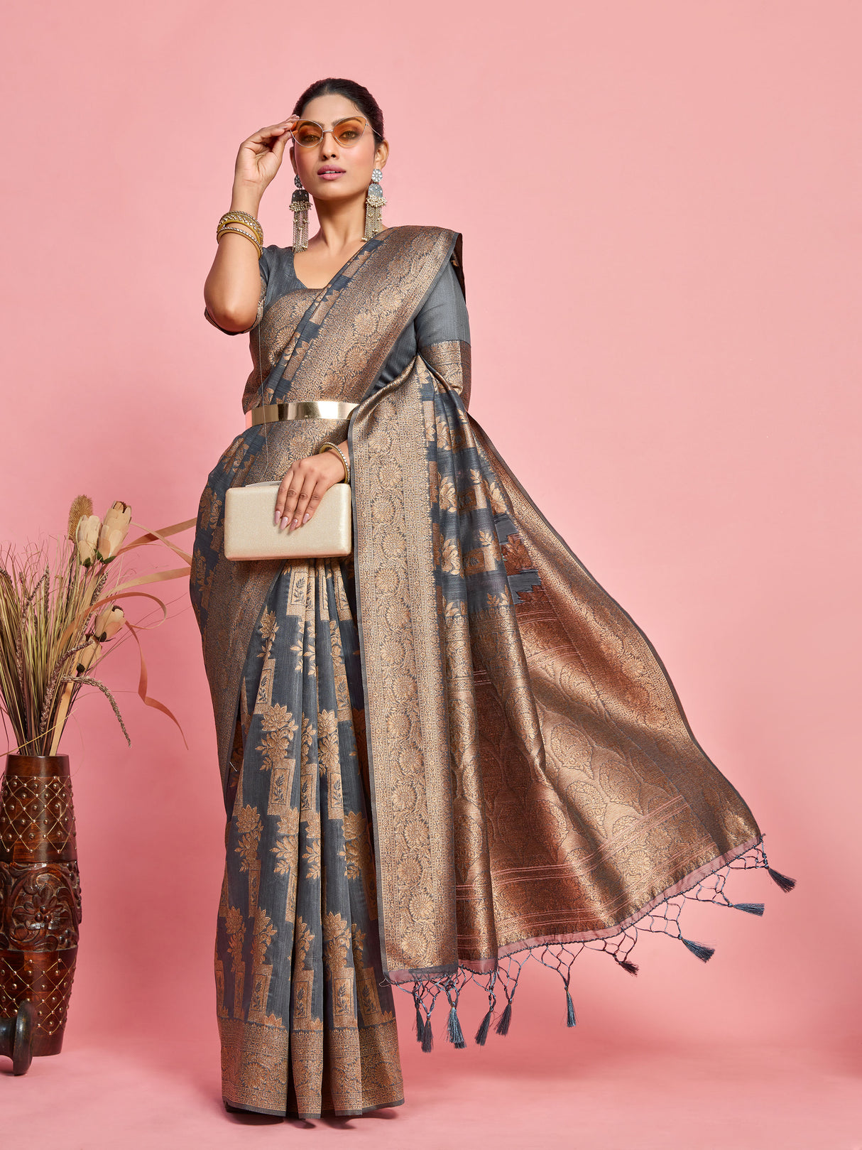 Mimosa Women's Woven Design Banarasi Art Silk Saree With Blouse Piece : SA00001215GYFREE