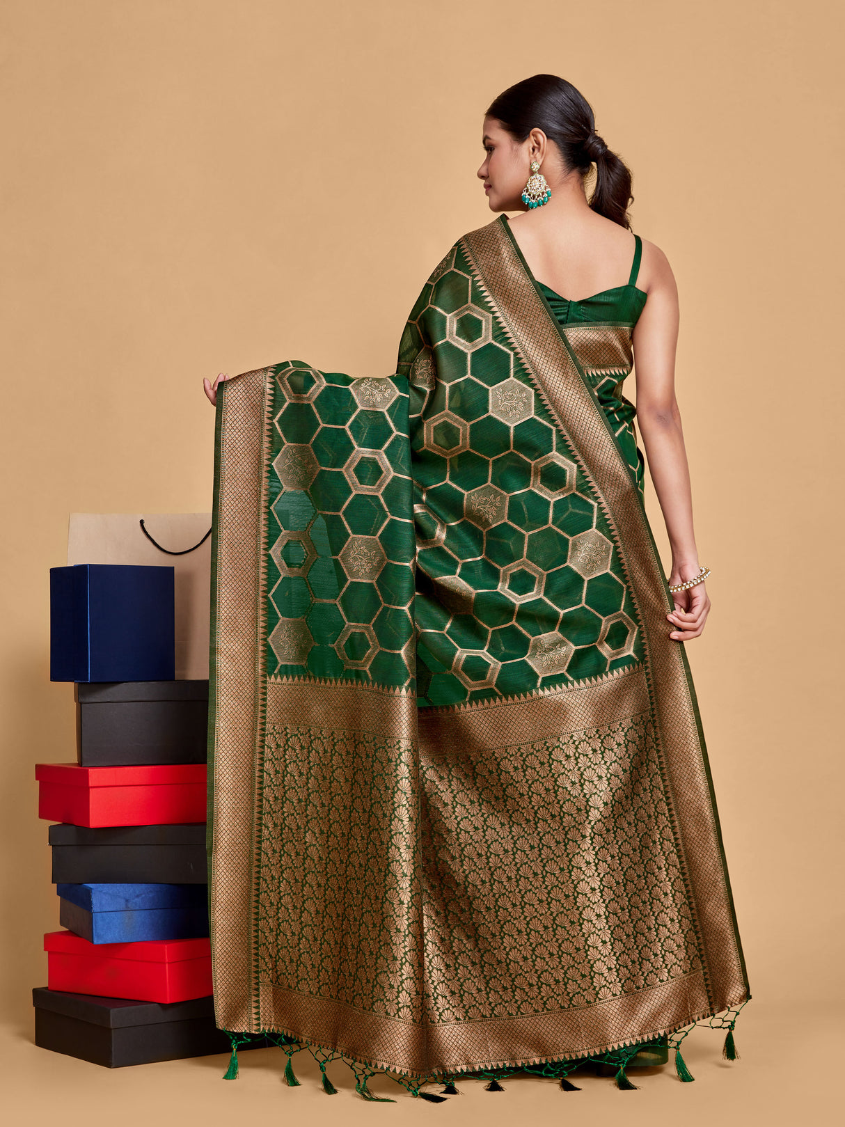 Mimosa Women's Woven Design Banarasi Linen Saree With Blouse Piece : SA00001235BGFREE