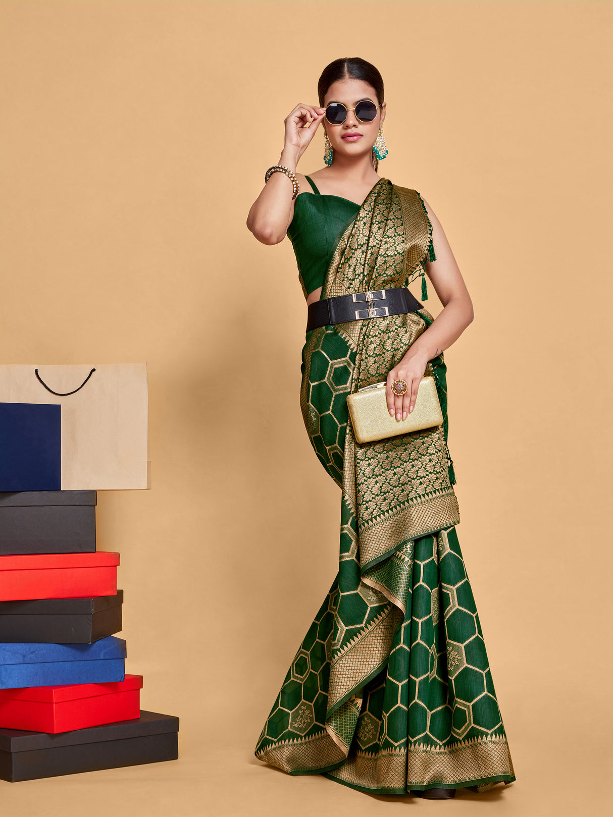 Mimosa Women's Woven Design Banarasi Linen Saree With Blouse Piece : SA00001235BGFREE