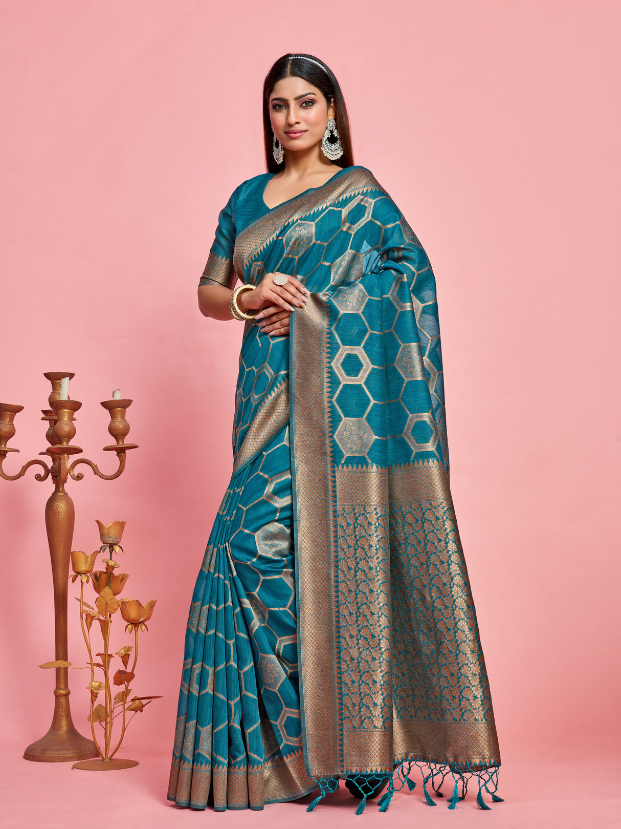 Mimosa Women's Woven Design Banarasi Linen Saree With Blouse Piece : SA00001235SFFREE