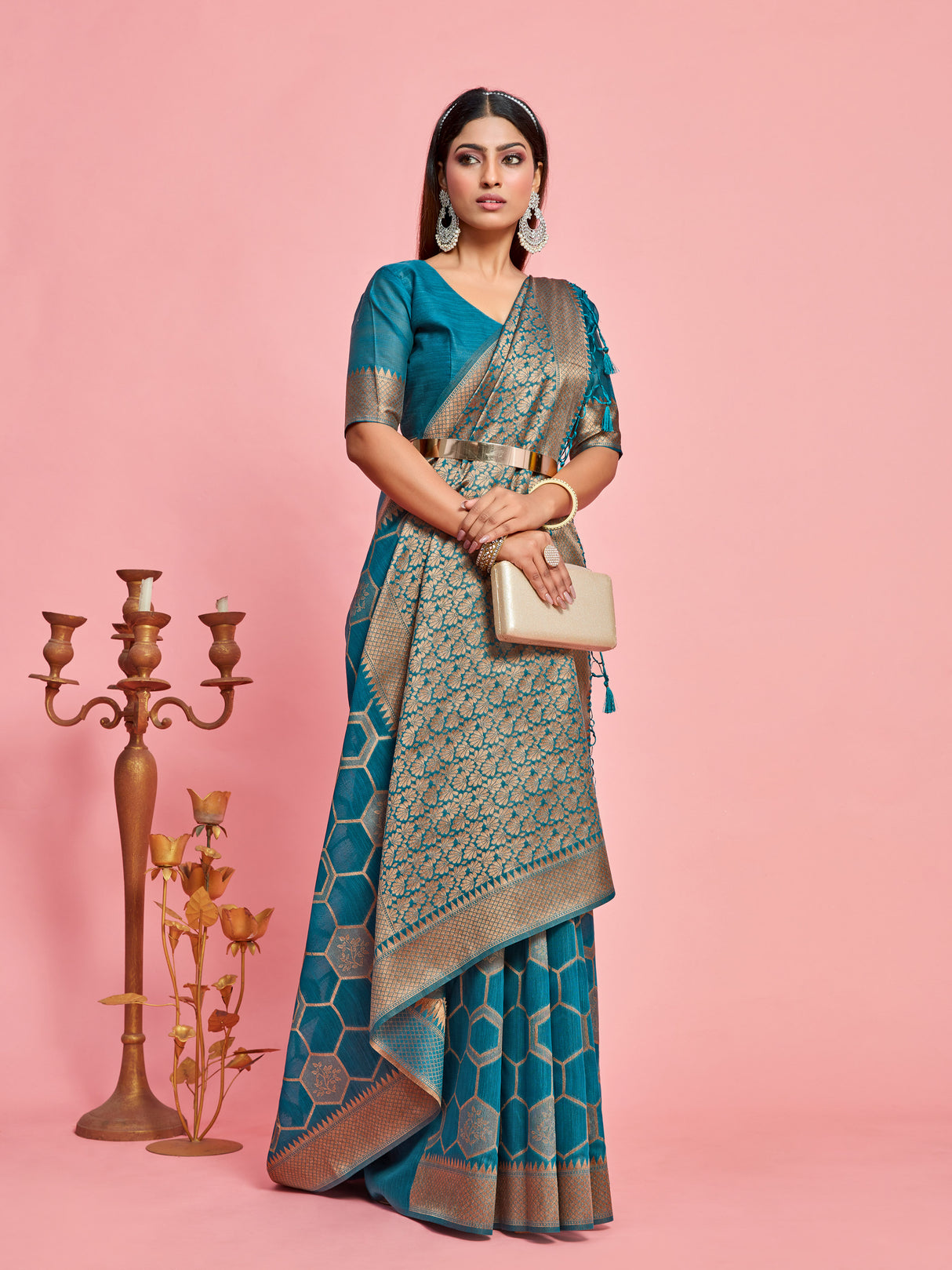 Mimosa Women's Woven Design Banarasi Linen Saree With Blouse Piece : SA00001235SFFREE