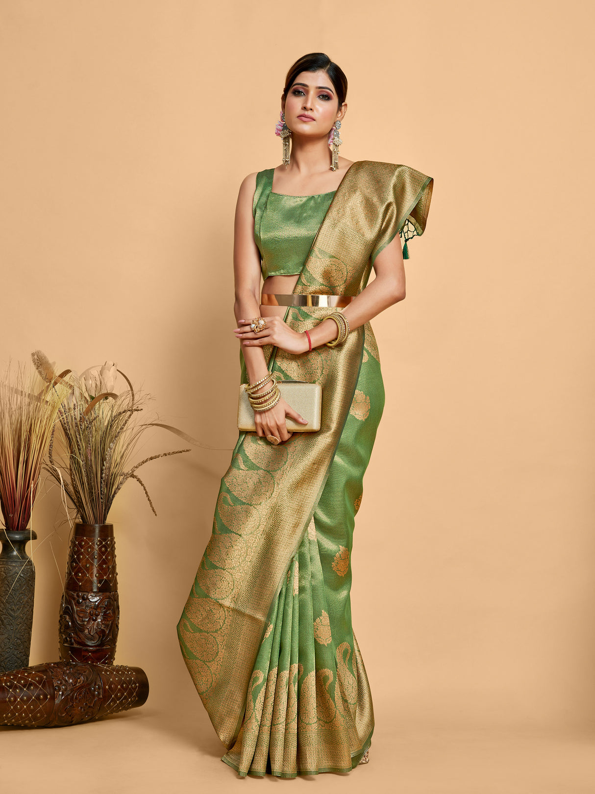 Mimosa Women's Woven Design Banarasi Art Silk Saree With Blouse Piece : SA00001237GRNFREE