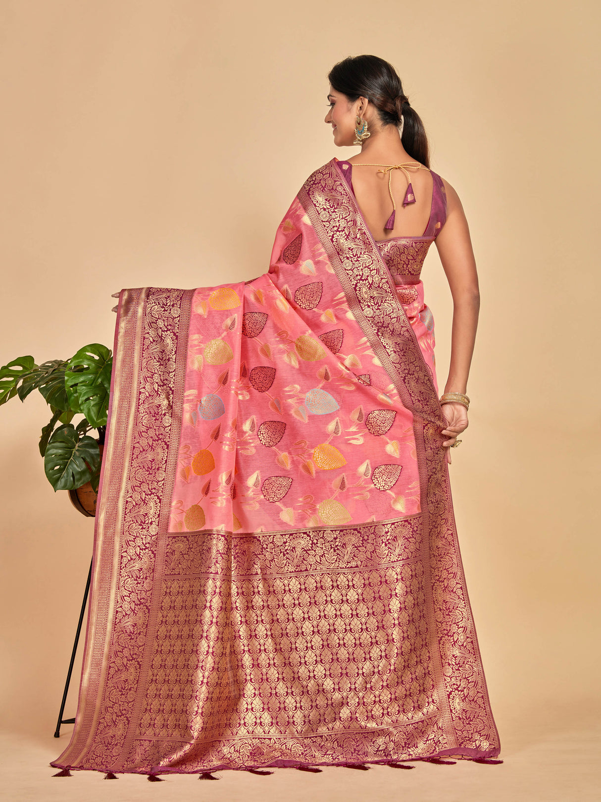 Mimosa Women's Woven Design Kanjivaram Linen Saree With Blouse Piece : SA00001248PNKFREE