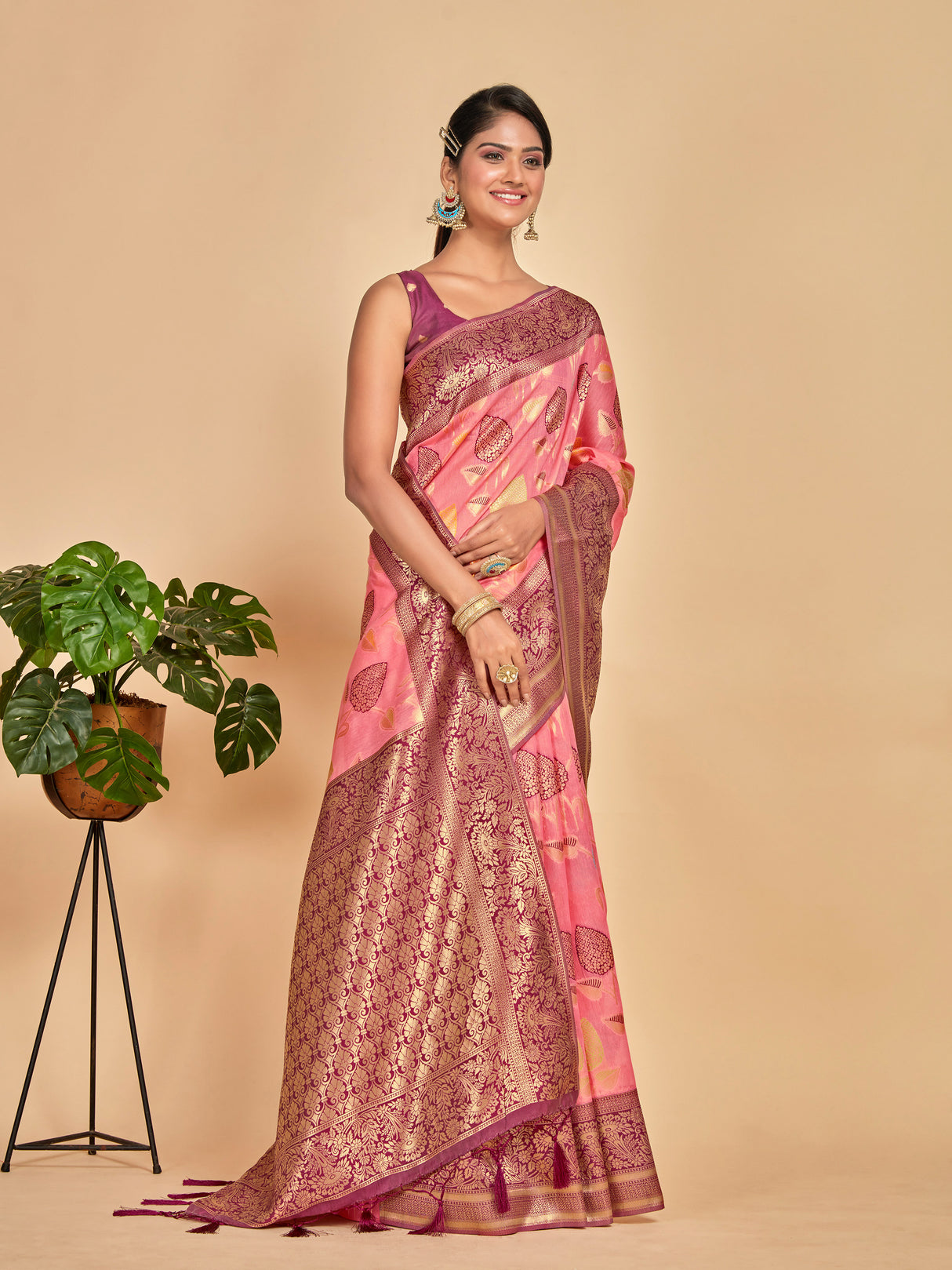 Mimosa Women's Woven Design Kanjivaram Linen Saree With Blouse Piece : SA00001248PNKFREE