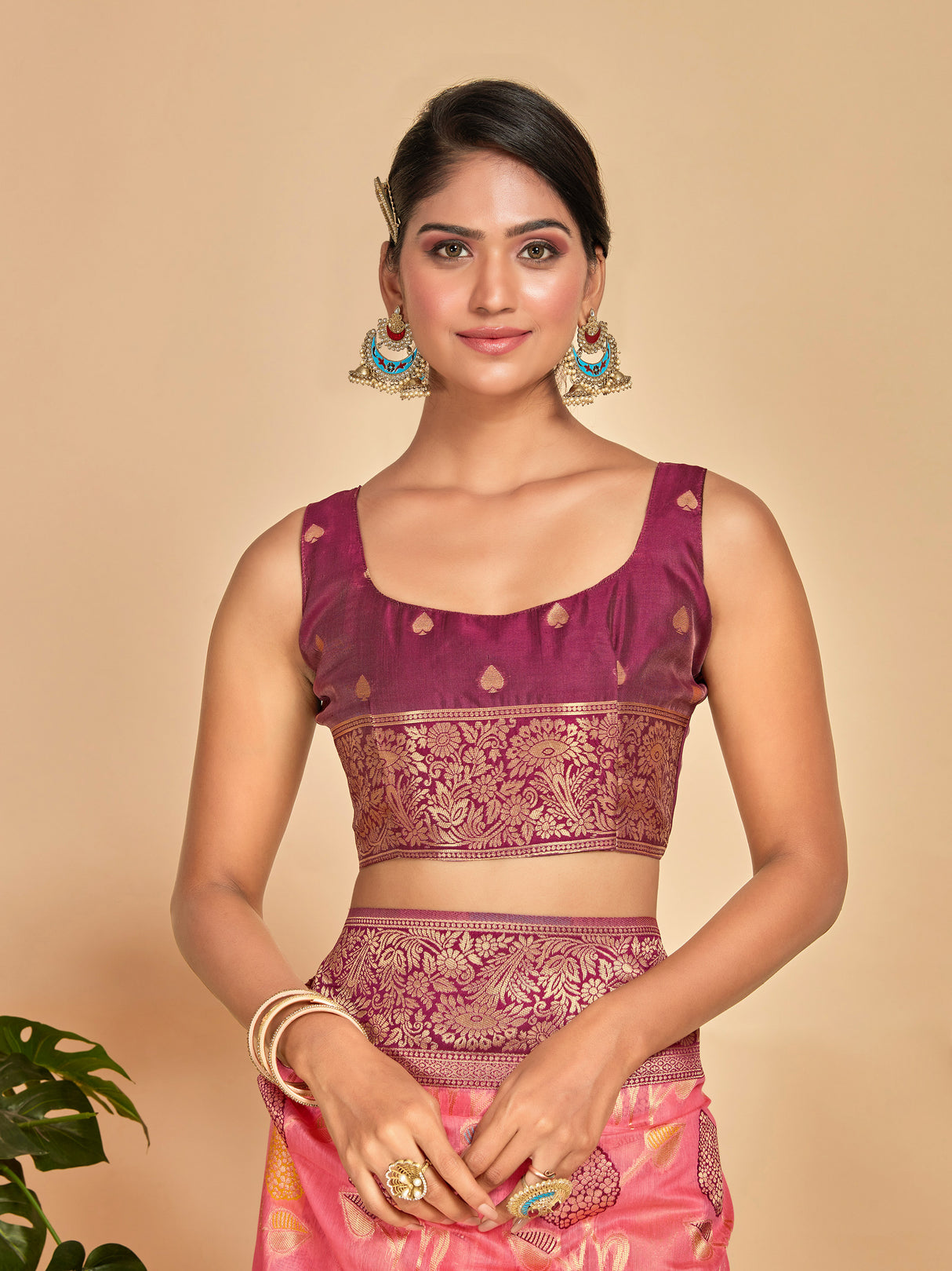 Mimosa Women's Woven Design Kanjivaram Linen Saree With Blouse Piece : SA00001248PNKFREE