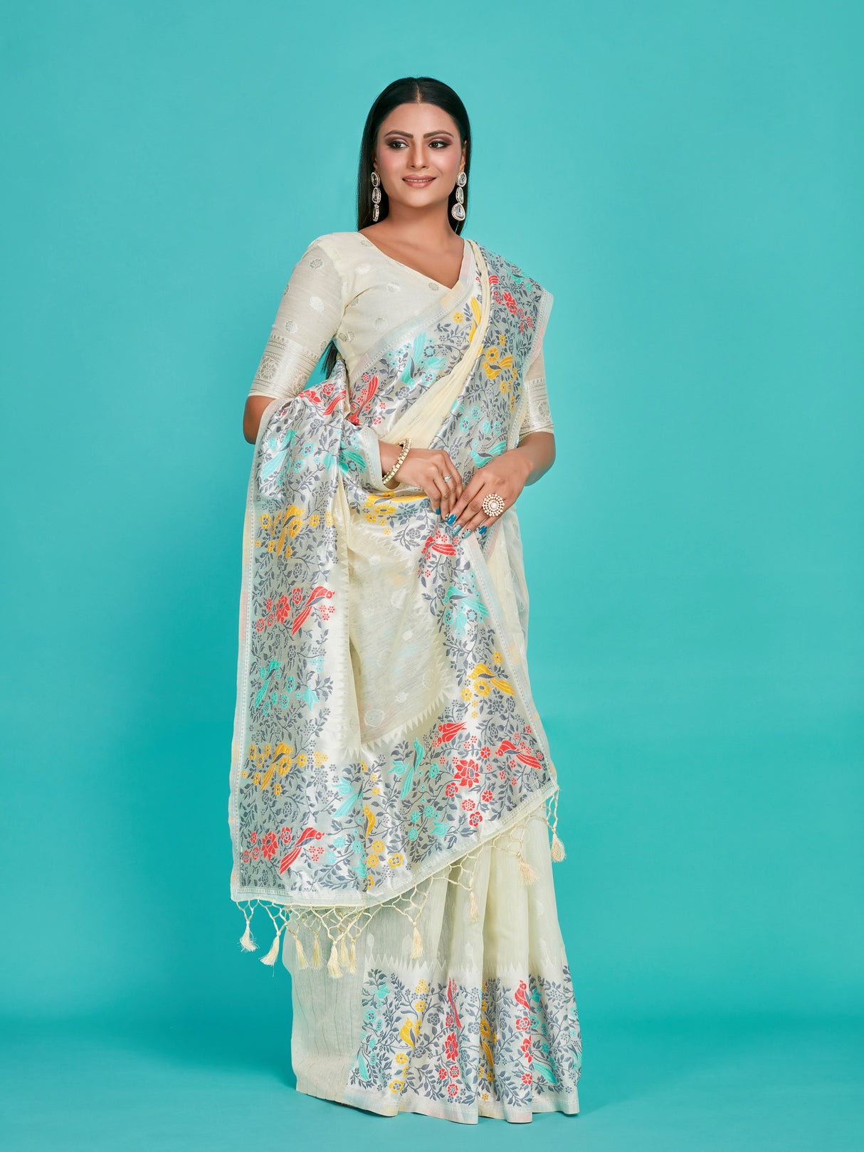 Mimosa Women's Woven Design Banarasi Linen Saree With Blouse Piece : SA00001253HWFREE