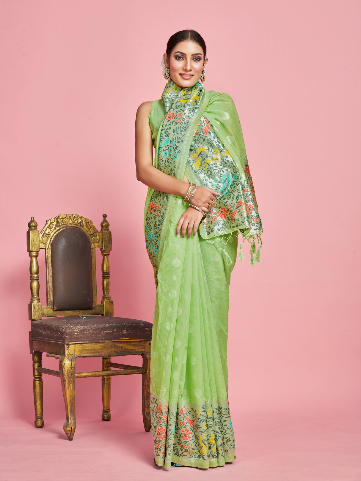 Mimosa Women's Woven Design Banarasi Linen Saree With Blouse Piece : SA00001253LRFREE