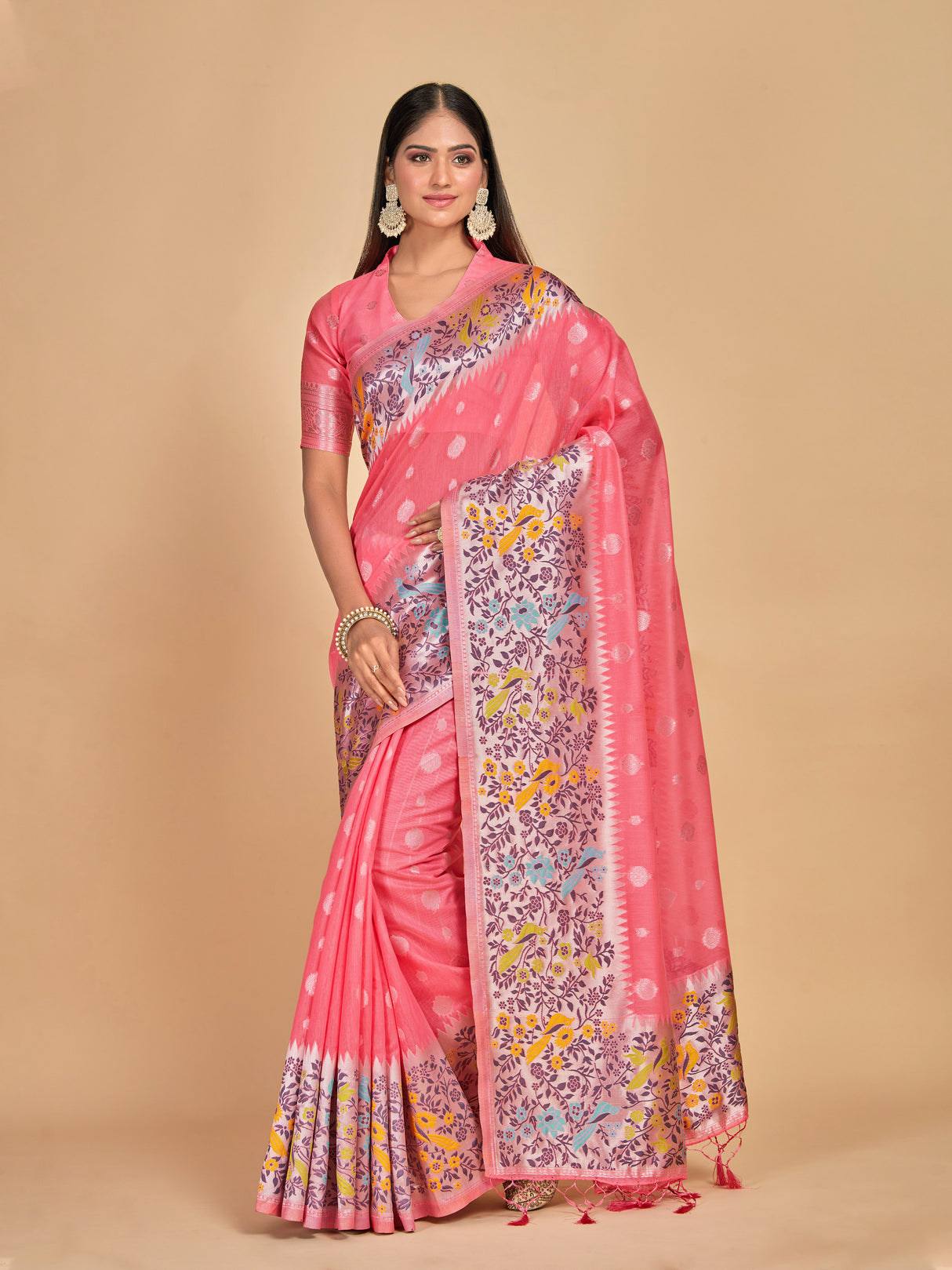 Mimosa Women's Woven Design Banarasi Linen Saree With Blouse Piece : SA00001253PNKFREE