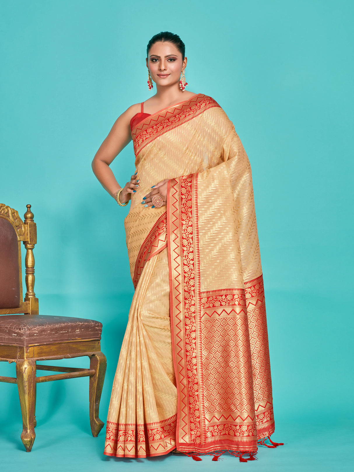 Mimosa Women's Woven Design Kanjivaram Linen Saree With Blouse Piece : SA00001256CKFREE