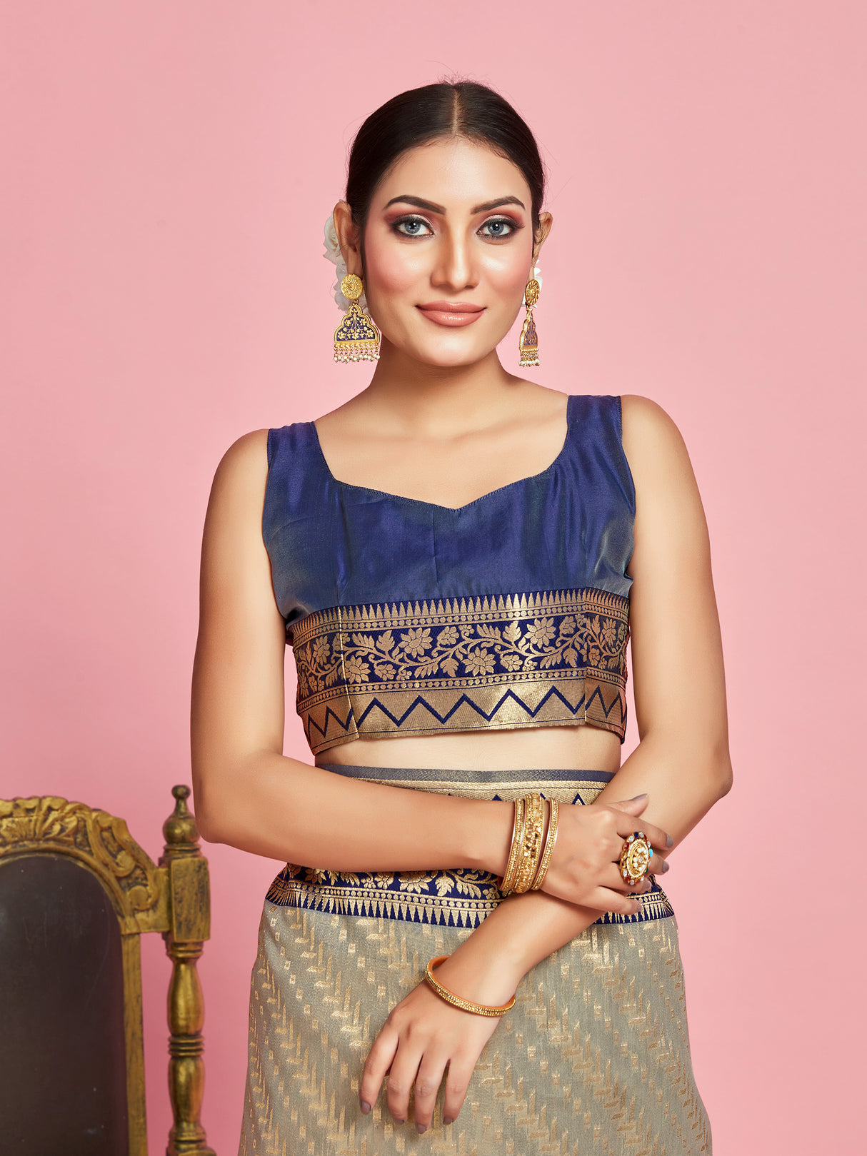 Mimosa Women's Woven Design Kanjivaram Linen Saree With Blouse Piece : SA00001256GYFREE