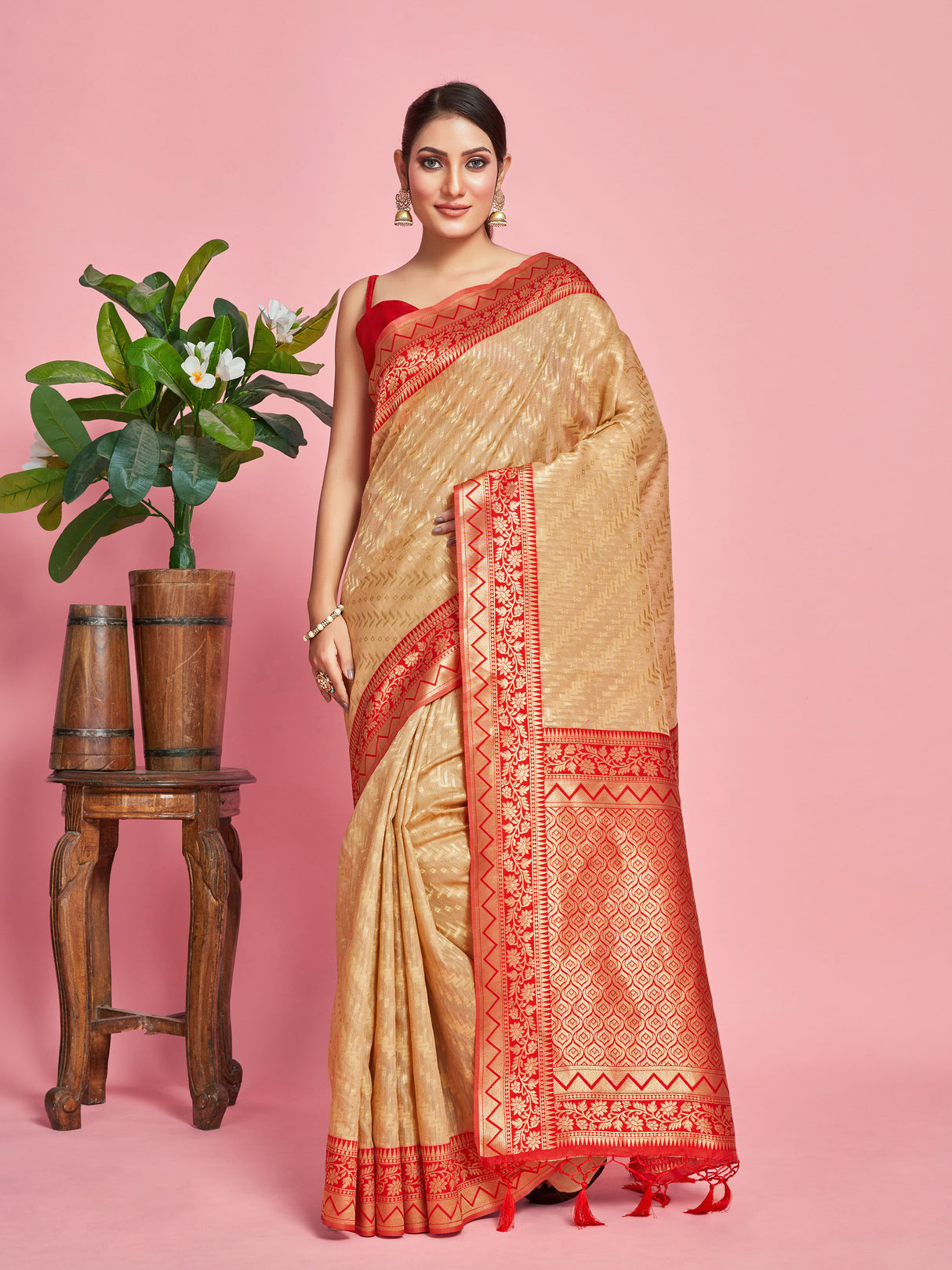Mimosa Women's Woven Design Kanjivaram Linen Saree With Blouse Piece : SA00001256PCFREE