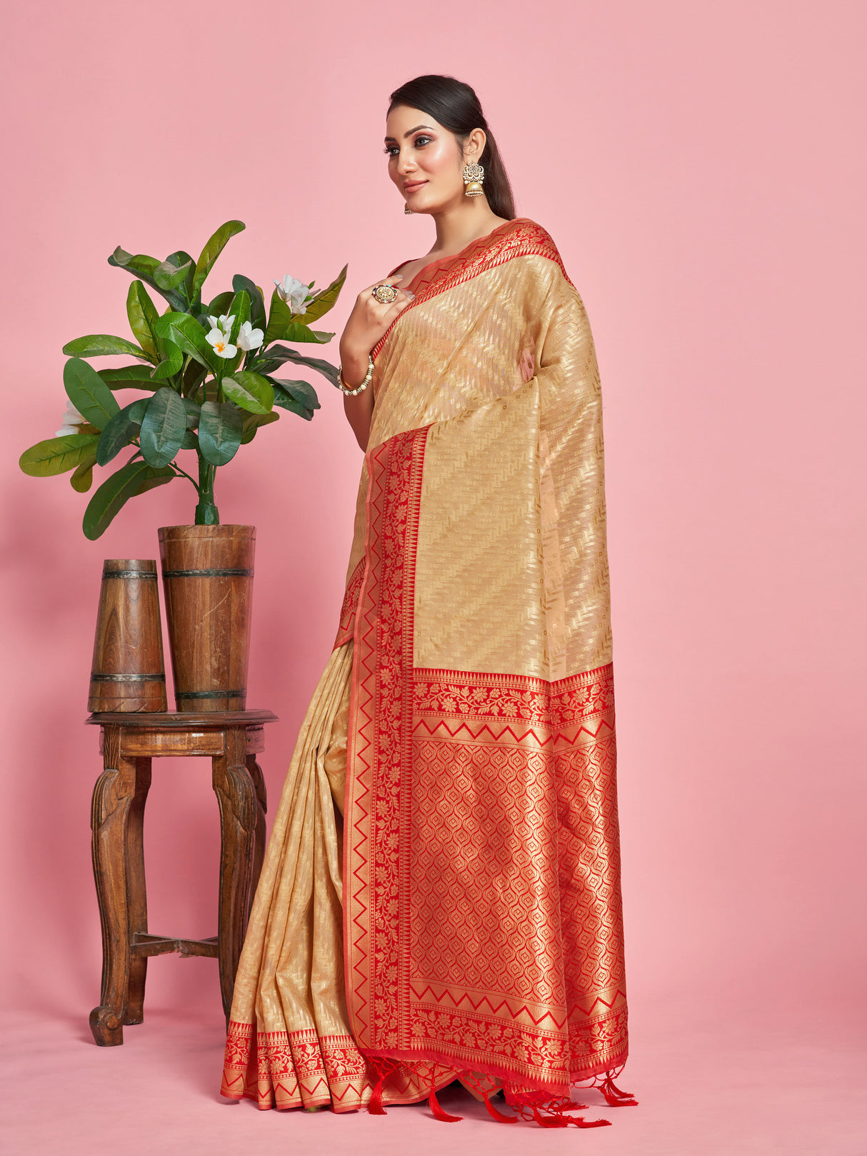 Mimosa Women's Woven Design Kanjivaram Linen Saree With Blouse Piece : SA00001256PCFREE